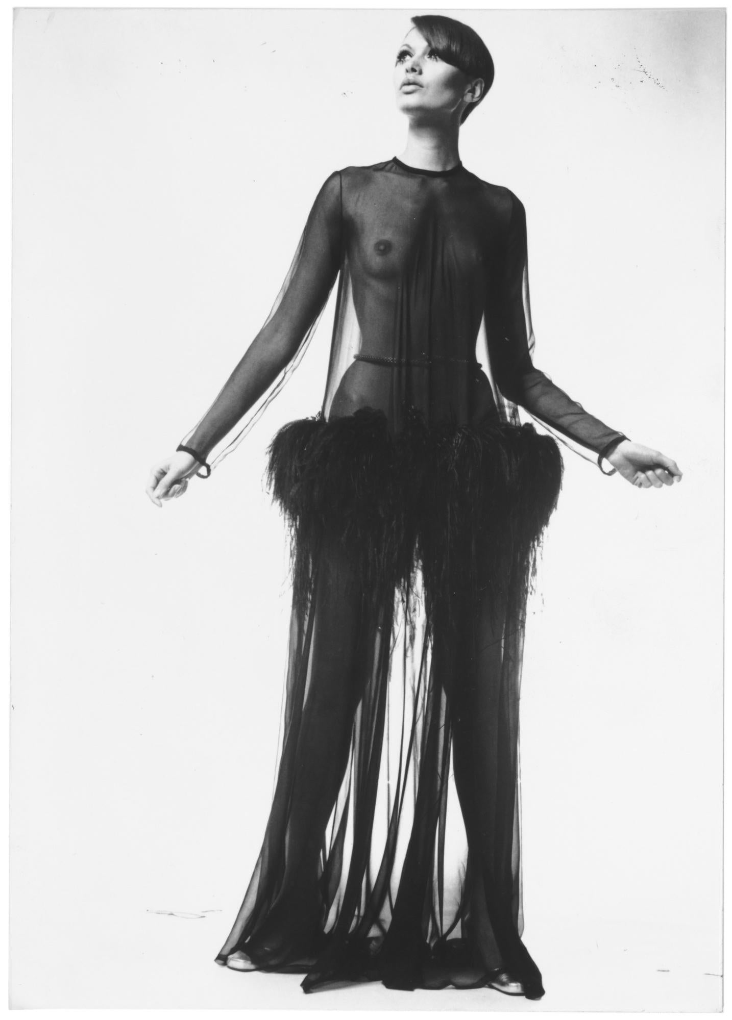 Yves Saint Laurent Black Ostrich Feather Chiffon Wrap Blouse, circa 1969 8