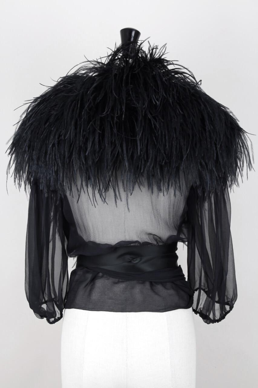 Yves Saint Laurent Black Ostrich Feather Chiffon Wrap Blouse, circa 1969 In Excellent Condition In Munich, DE