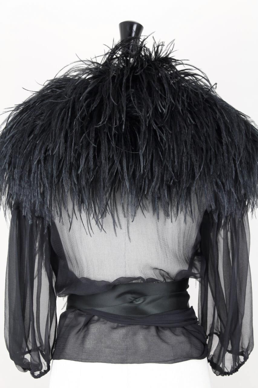 Women's Yves Saint Laurent Black Ostrich Feather Chiffon Wrap Blouse, circa 1969