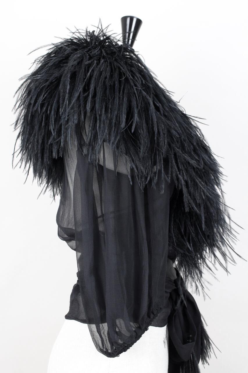 Yves Saint Laurent Black Ostrich Feather Chiffon Wrap Blouse, circa 1969 1