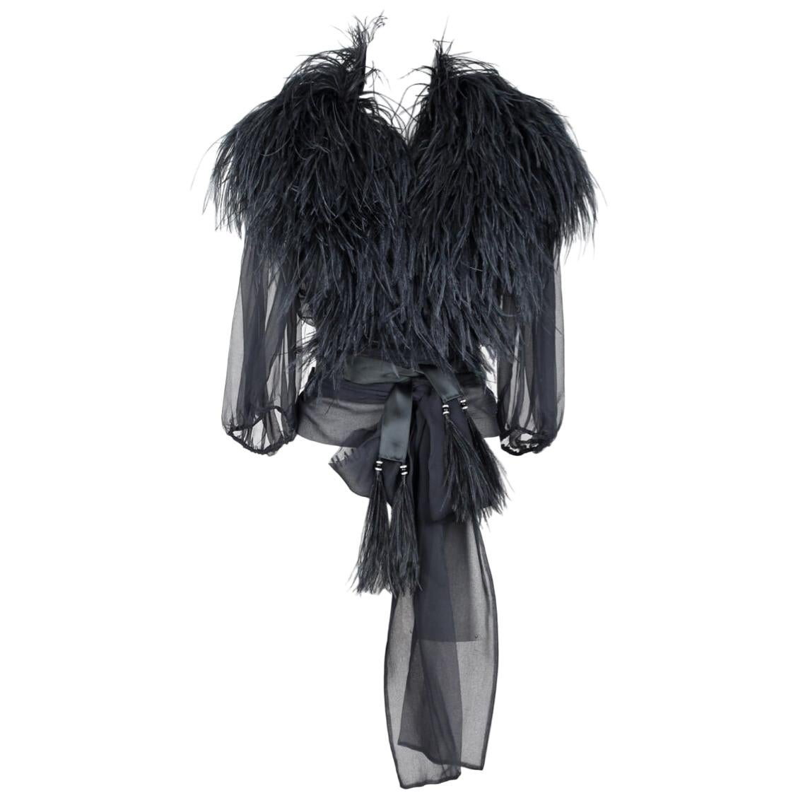 Yves Saint Laurent Black Ostrich Feather Chiffon Wrap Blouse, circa 1969