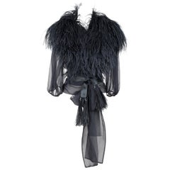 Yves Saint Laurent - Chemisier enveloppant en mousseline de plumes d'autruche noire:: circa 1969