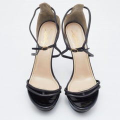 Yves Saint Laurent Black Patent and Leather Platform Ankle Strap Sandals Size 39