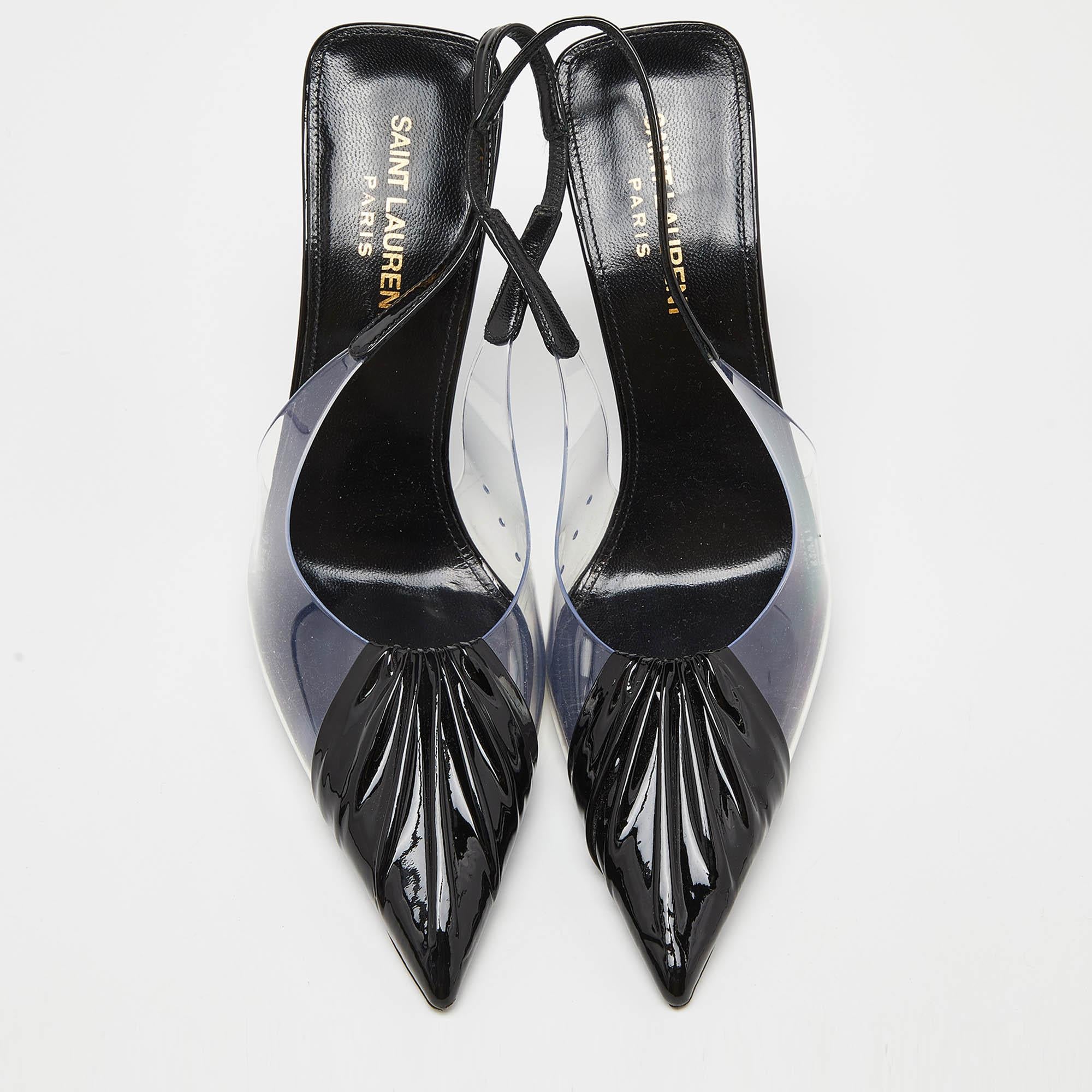 Yves Saint Laurent Black Patent Leather and PVC Toe Slingback Pumps Size 37 In Good Condition In Dubai, Al Qouz 2