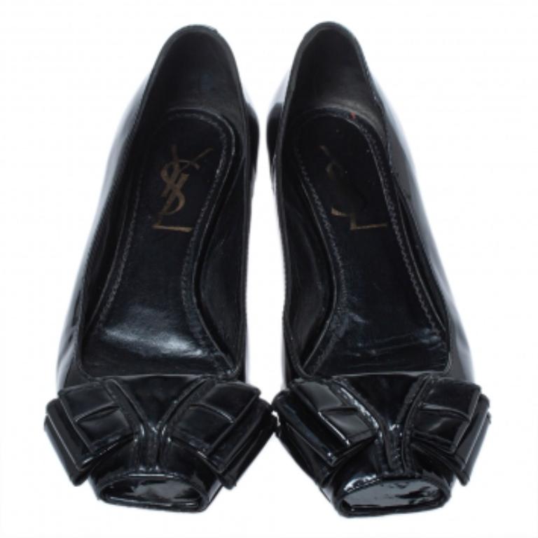 Women's Yves Saint Laurent Black Patent Leather Bow Peep Toe Ballet Flat Size 35 For Sale