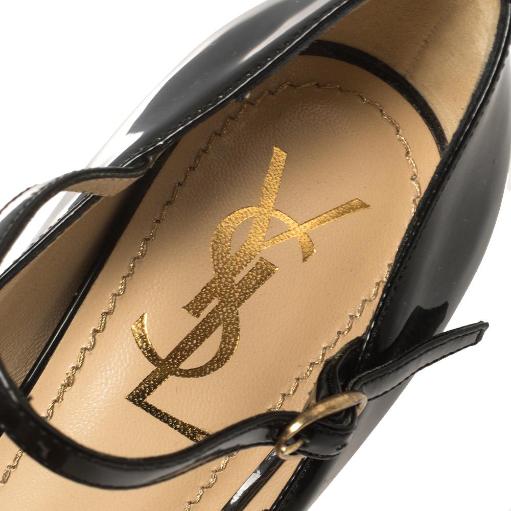 Women's Yves Saint Laurent Black Patent Leather Peep Toe Platform Mary Jane Pumps Size 3