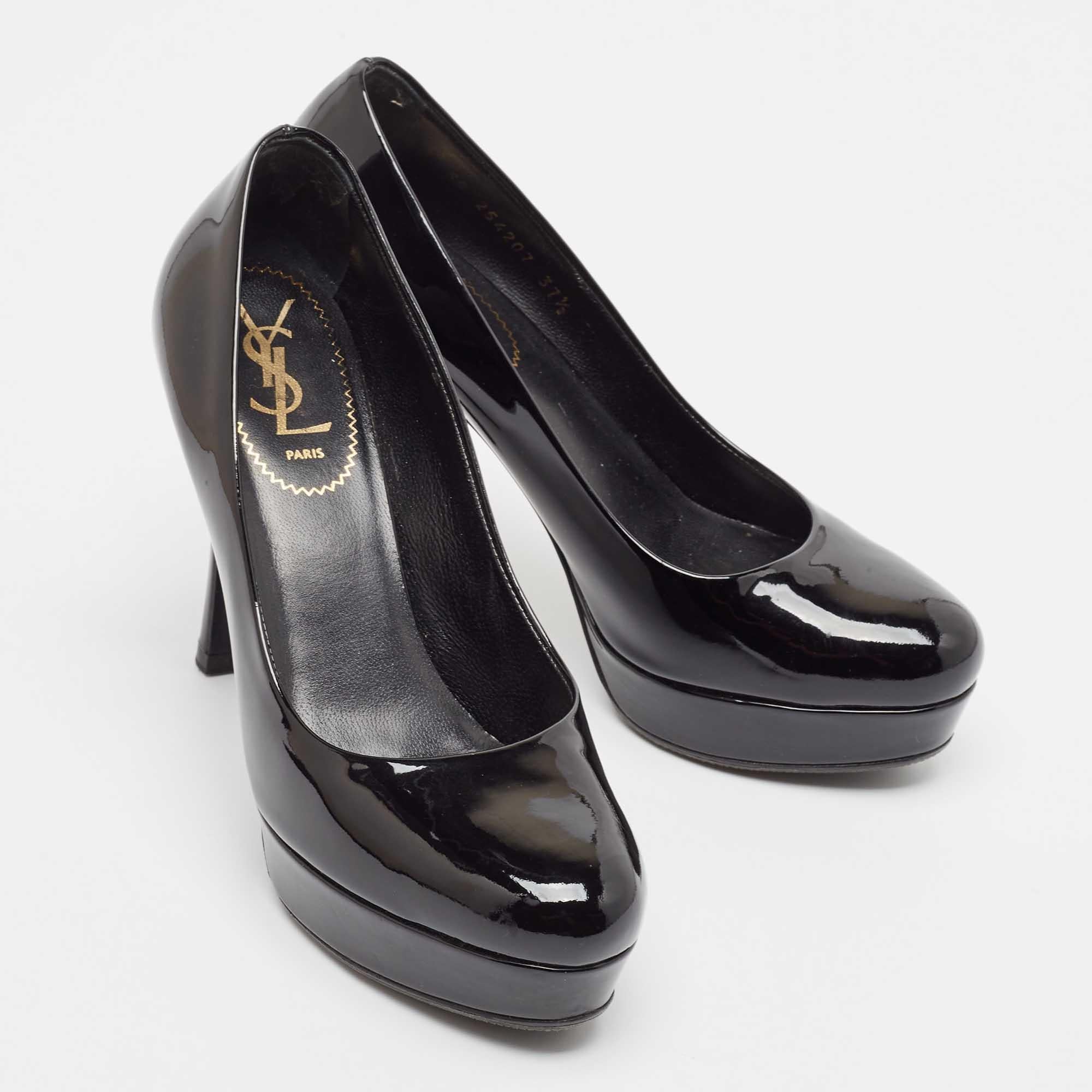 Women's Yves Saint Laurent Black Patent Leather Platform Pumps Size 37.5 For Sale