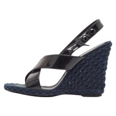 Yves Saint Laurent Black Patent Leather Slingback Wedge Sandals Size 37