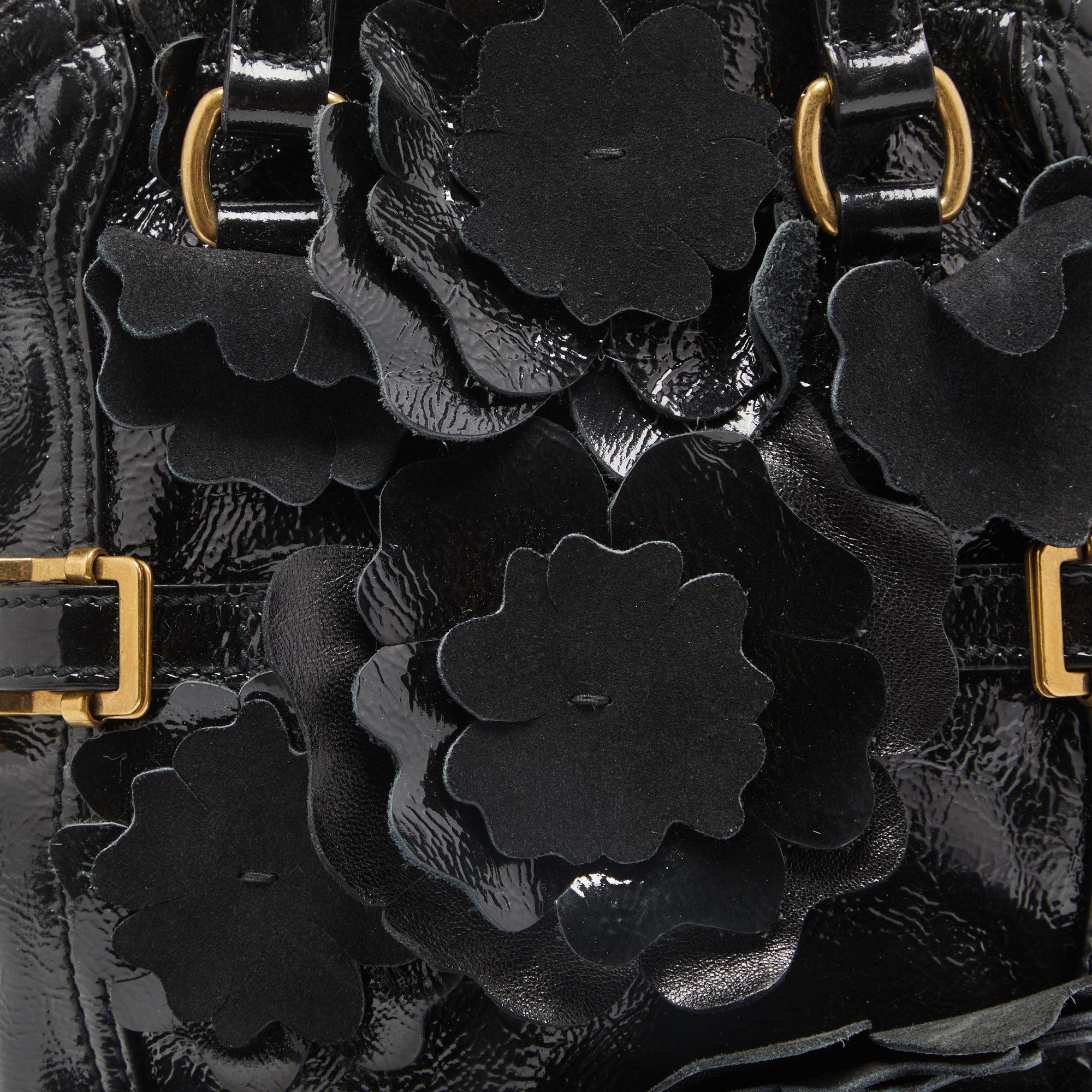 Yves Saint Laurent Black Patent Leather Small Floral Applique Downtown Tote 3