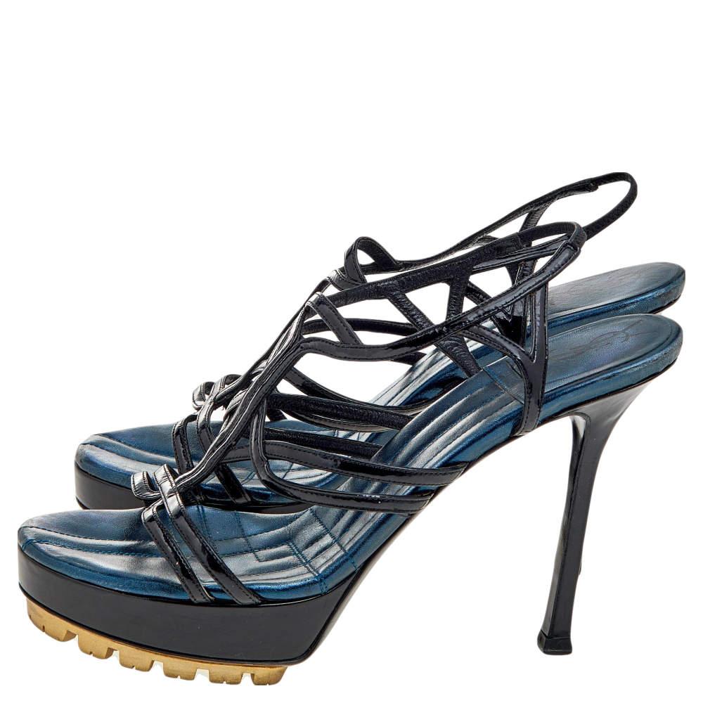 Yves Saint Laurent Black Patent Leather Strappy Platform Sandals Size 36.5 In Good Condition For Sale In Dubai, Al Qouz 2