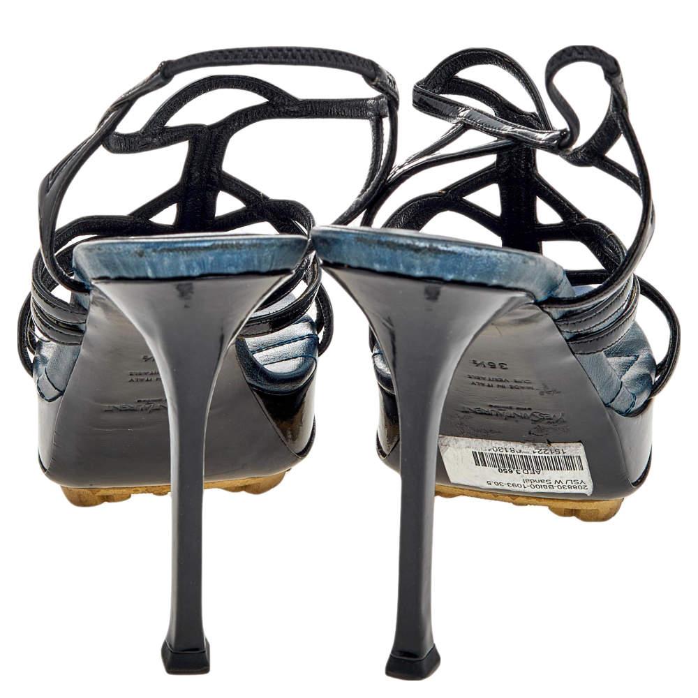 Women's Yves Saint Laurent Black Patent Leather Strappy Platform Sandals Size 36.5 For Sale