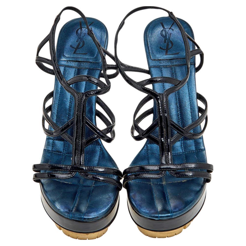Yves Saint Laurent Black Patent Leather Strappy Platform Sandals Size 36.5 For Sale 2