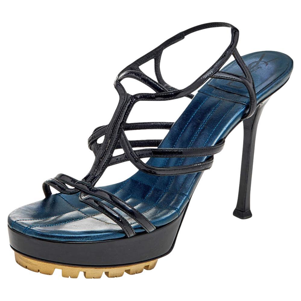 Yves Saint Laurent Black Patent Leather Strappy Platform Sandals Size 36.5 For Sale