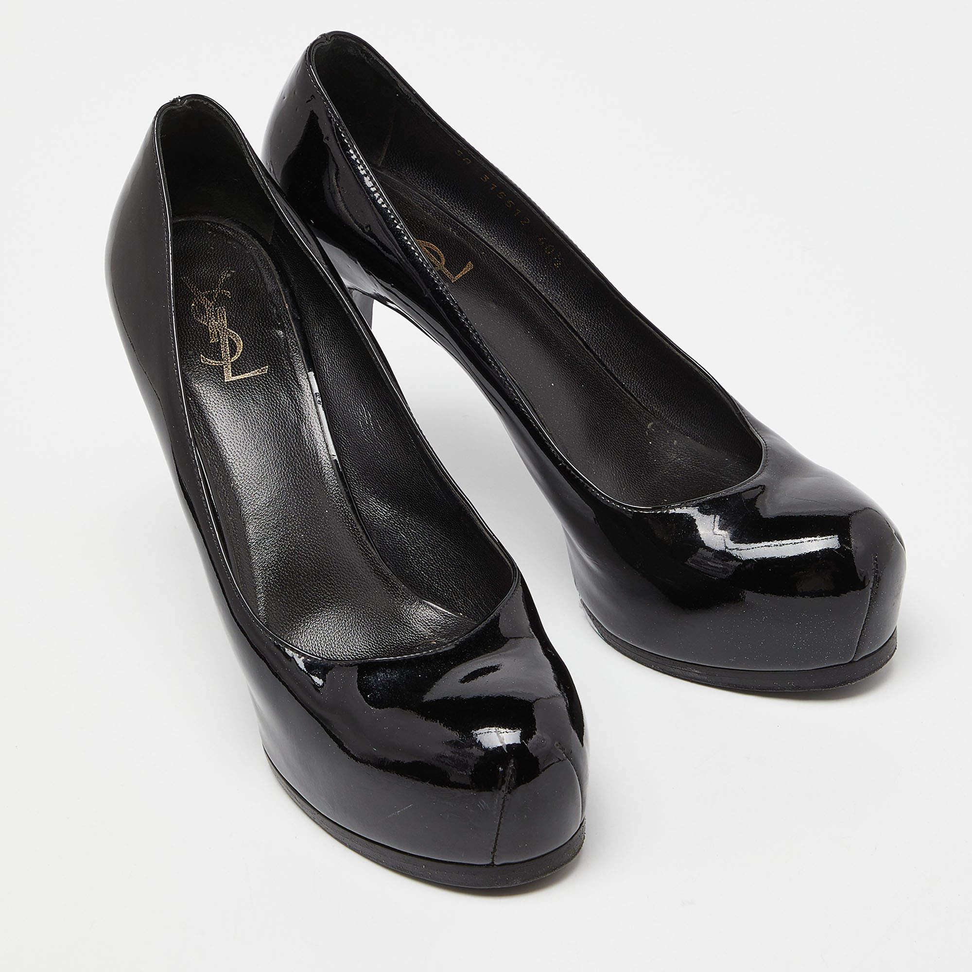 Women's Yves Saint Laurent Black Patent Leather Tribtoo Platform Pumps Size 40.5 For Sale