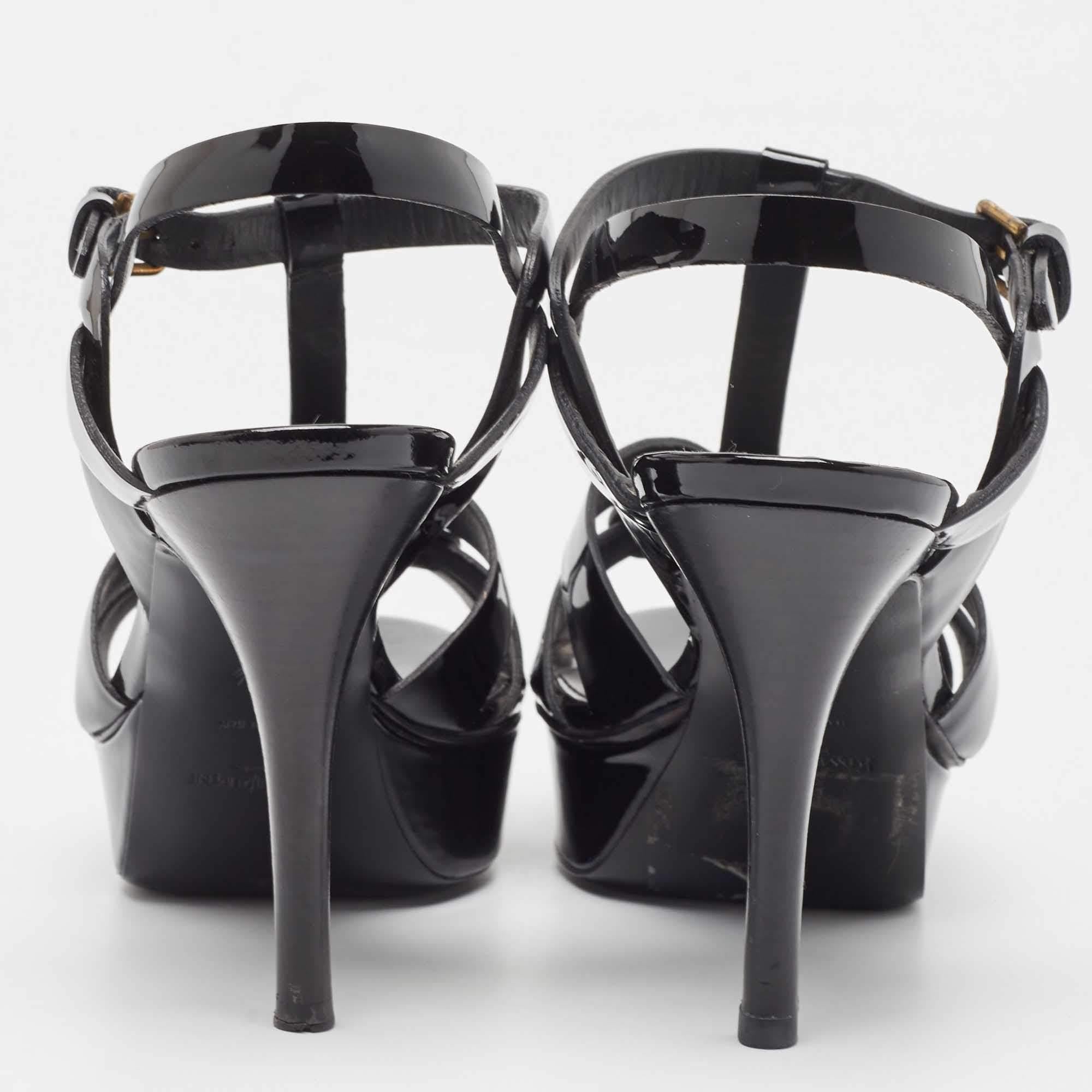 Yves Saint Laurent Black Patent Tribute Ankle Strap Sandals Size 36.5 In Good Condition In Dubai, Al Qouz 2