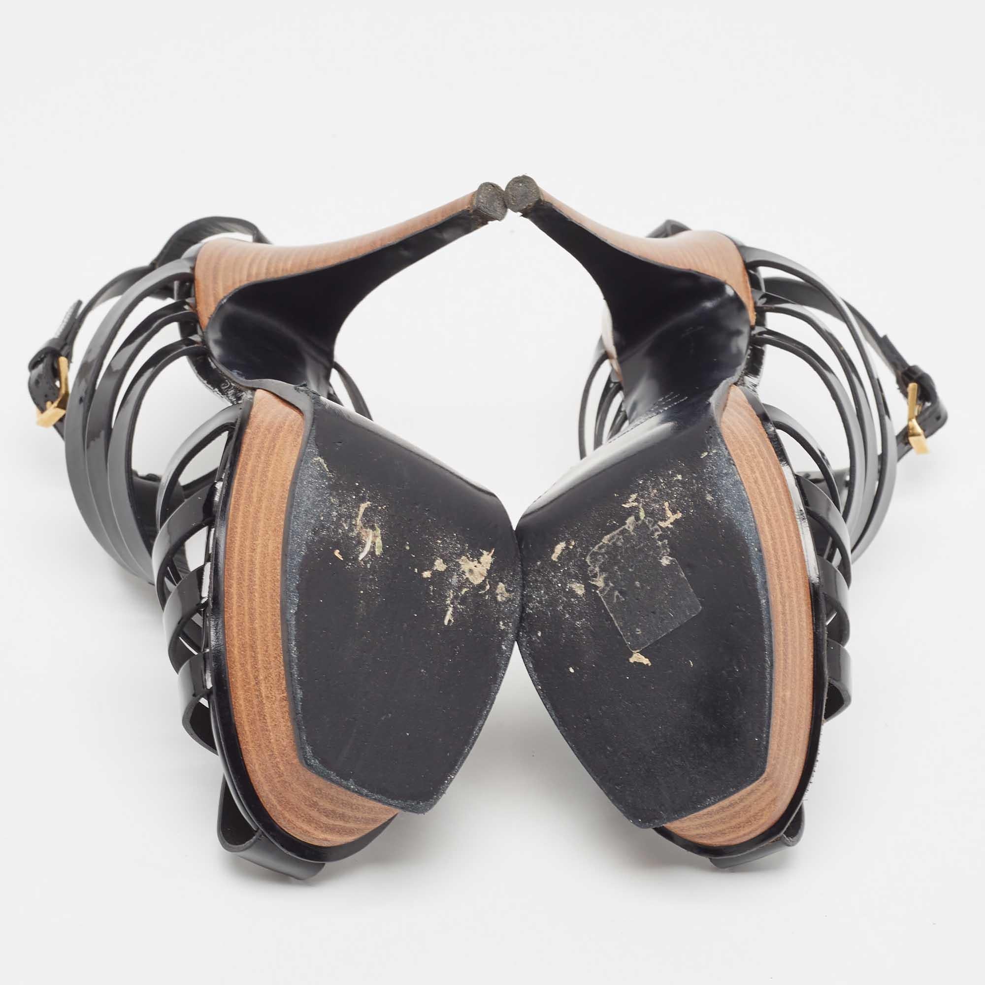Women's Yves Saint Laurent Black Patent Tribute Ankle Strap Sandals Size 39 For Sale