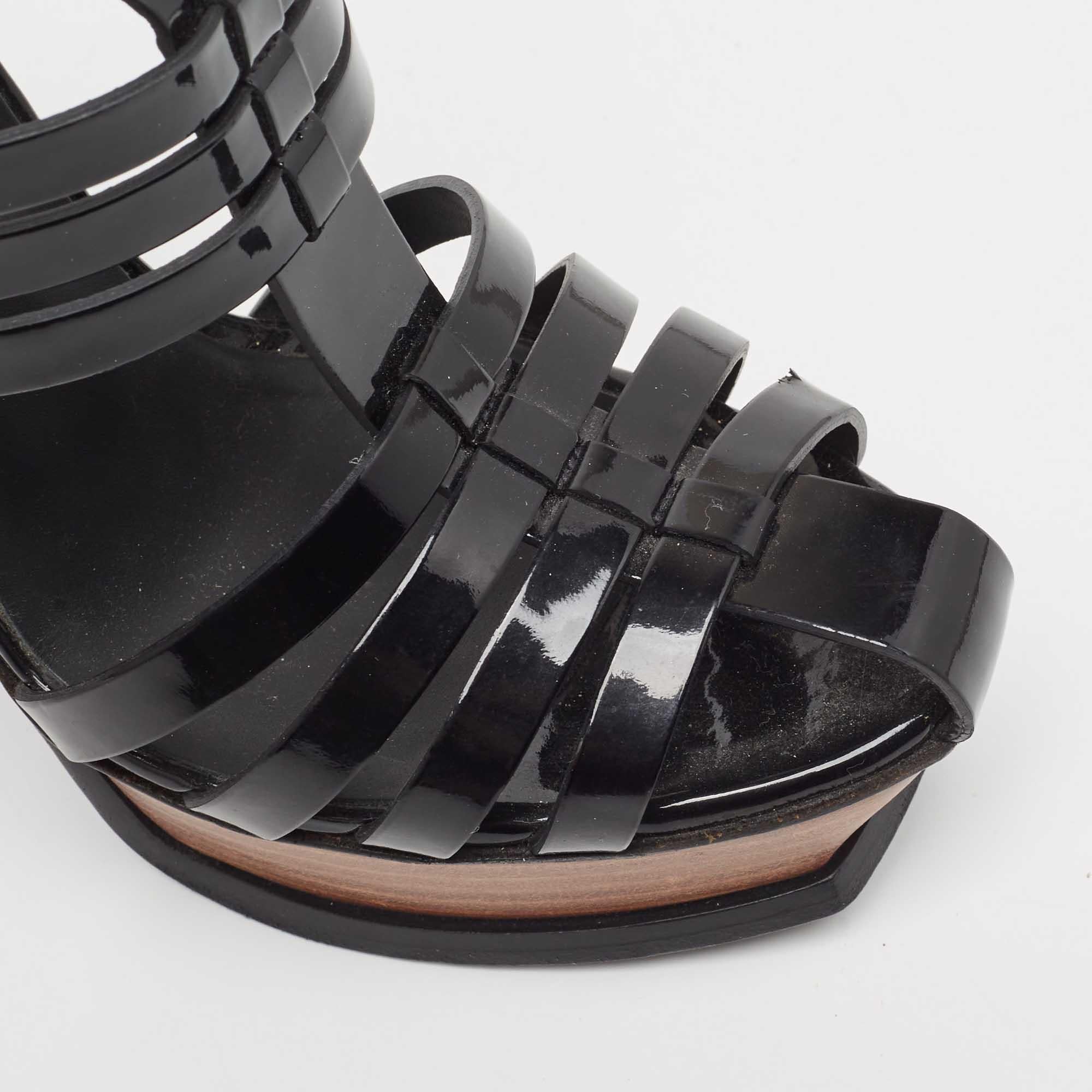 Yves Saint Laurent Black Patent Tribute Ankle Strap Sandals Size 39 For Sale 1