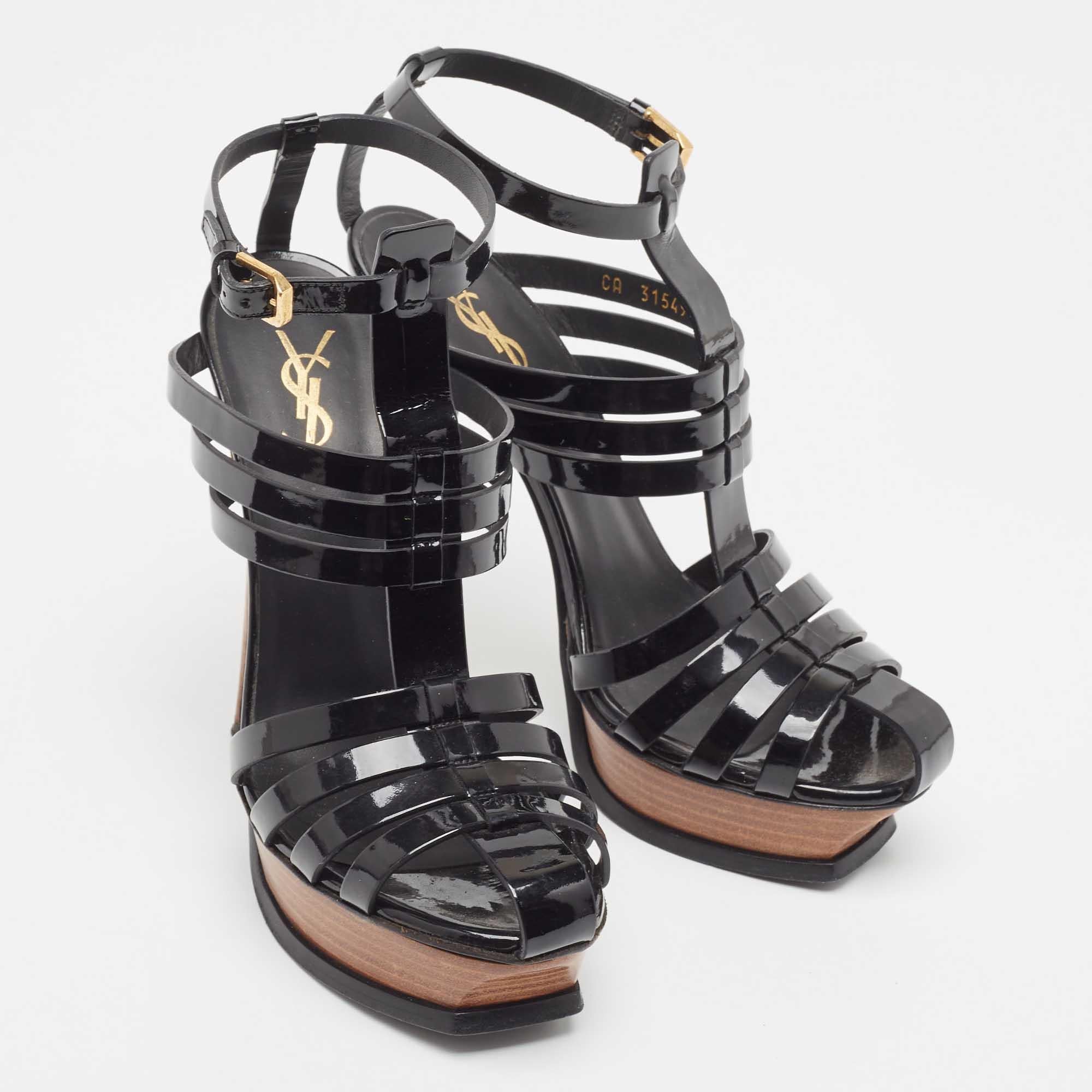 Yves Saint Laurent Black Patent Tribute Ankle Strap Sandals Size 39 For Sale 3