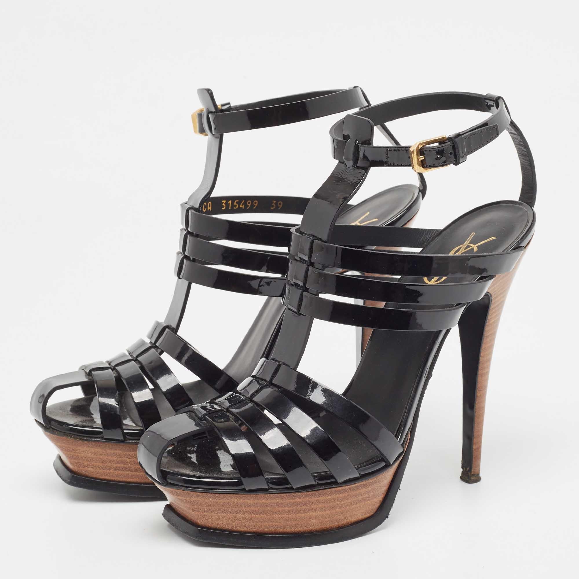 Yves Saint Laurent Black Patent Tribute Ankle Strap Sandals Size 39 4