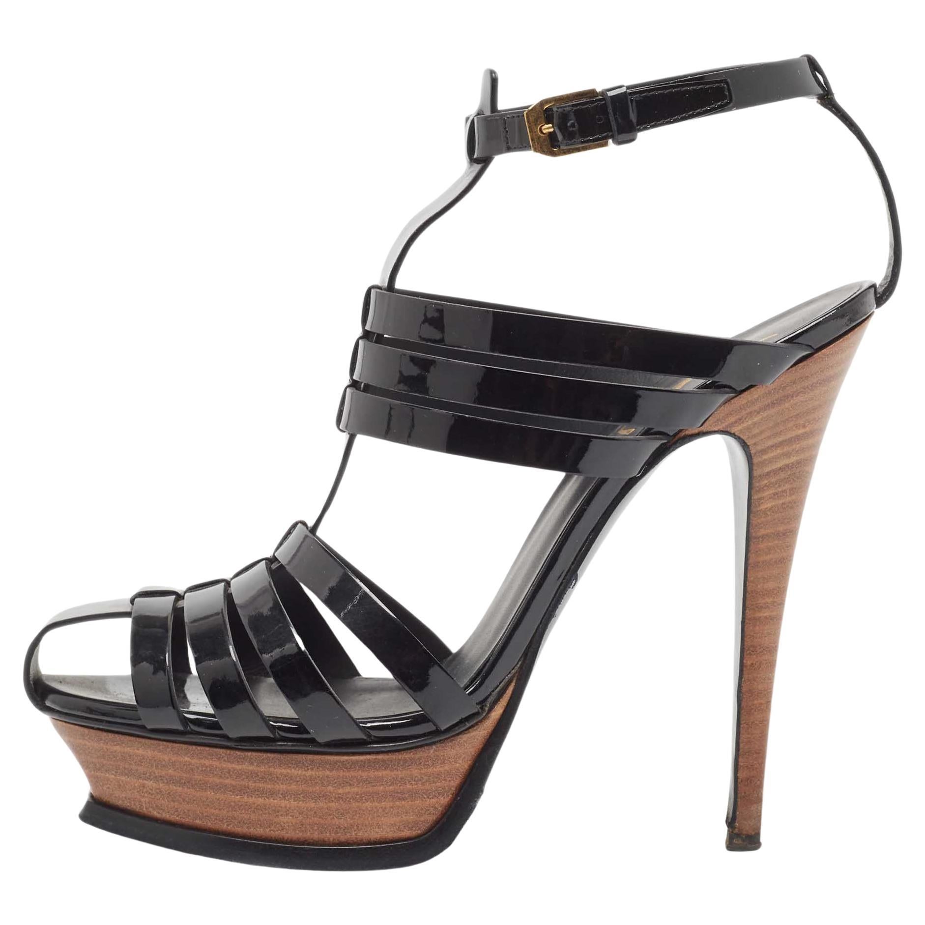 Yves Saint Laurent Black Patent Tribute Ankle Strap Sandals Size 39 For Sale