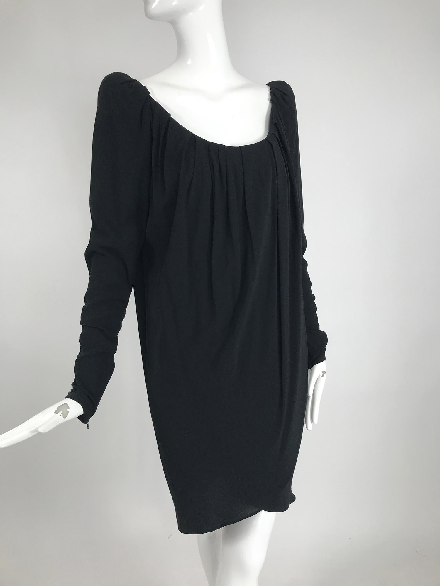Yves Saint Laurent Black Peaked Shoulder Drape Wrap Dress 1