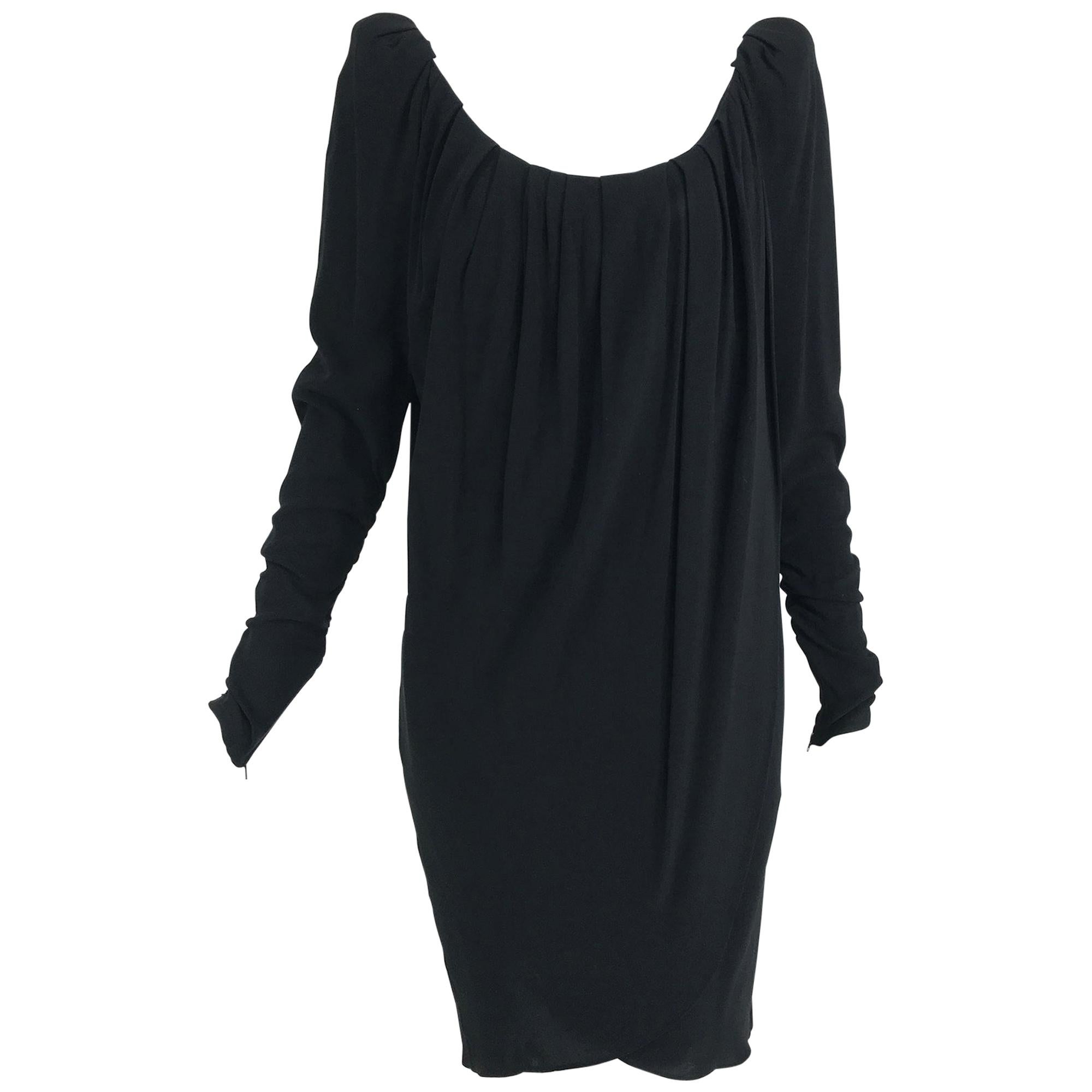 Yves Saint Laurent Black Peaked Shoulder Drape Wrap Dress