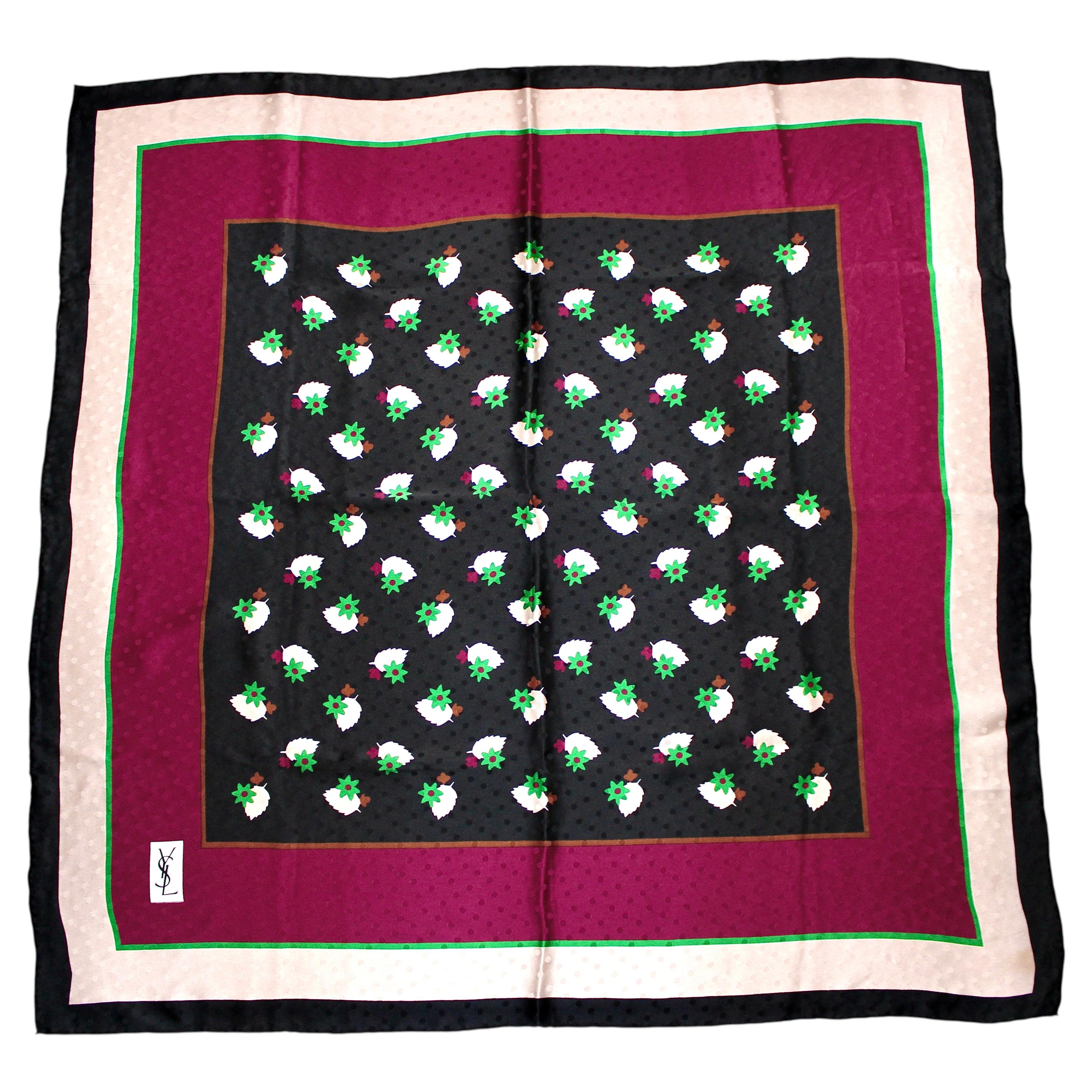 Yves Saint Laurent Black Polka Dot Floral Print Vintage Silk Scarf
