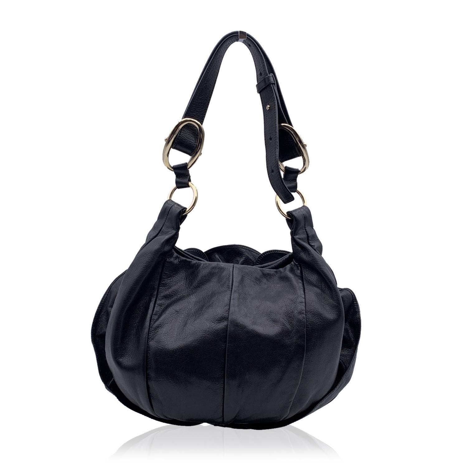 Yves Saint Laurent Black Ruffled Leather Hobo Shoulder Bag Tote In Excellent Condition In Rome, Rome