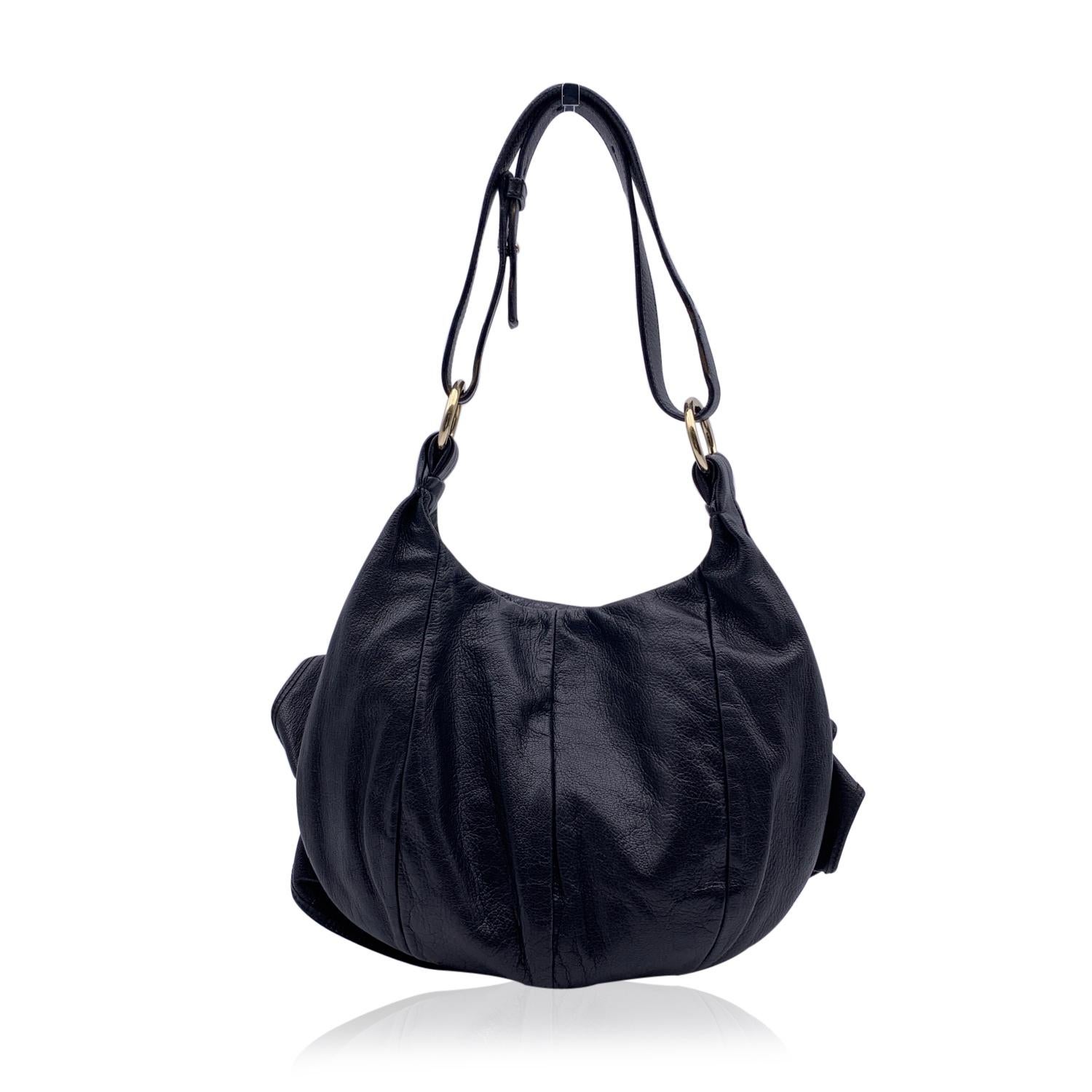 Yves Saint Laurent Black Ruffled Leather Hobo Tote Shoulder Bag In Excellent Condition For Sale In Rome, Rome