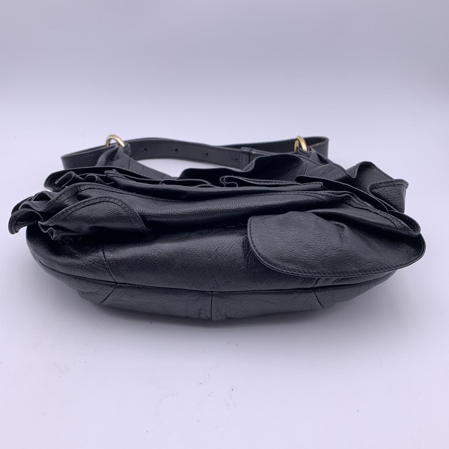 Yves Saint Laurent Black Ruffled Leather Hobo Tote Shoulder Bag For Sale 2