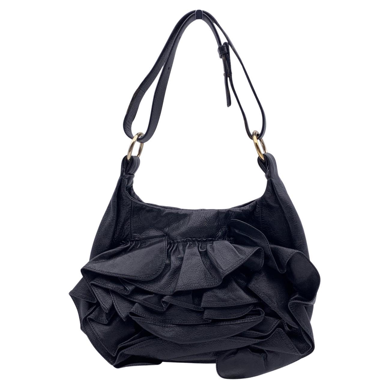 Yves Saint Laurent Black Ruffled Leather Hobo Tote Shoulder Bag For Sale
