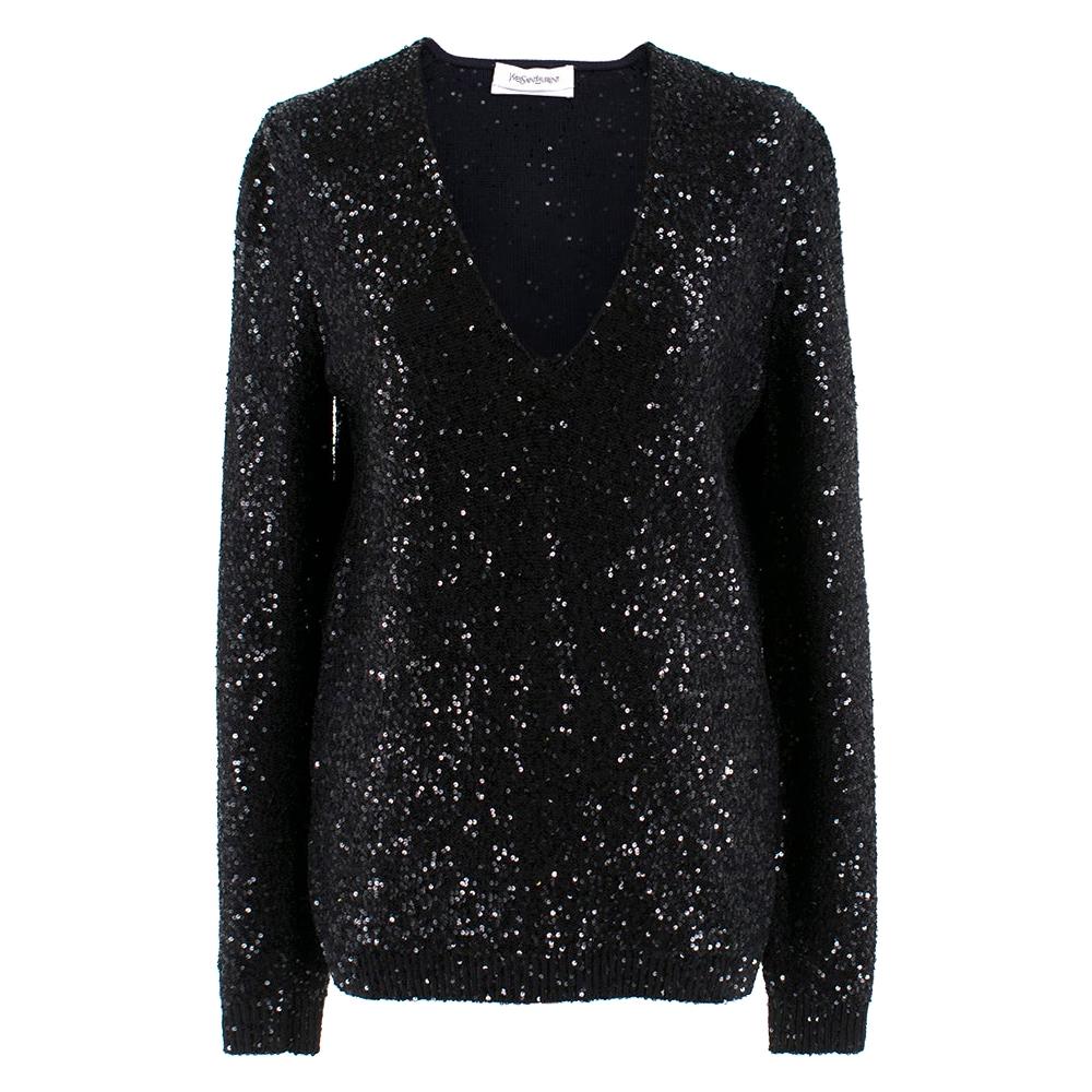 Yves Saint Laurent Black Sequin-Embellished Wool Sweater XS