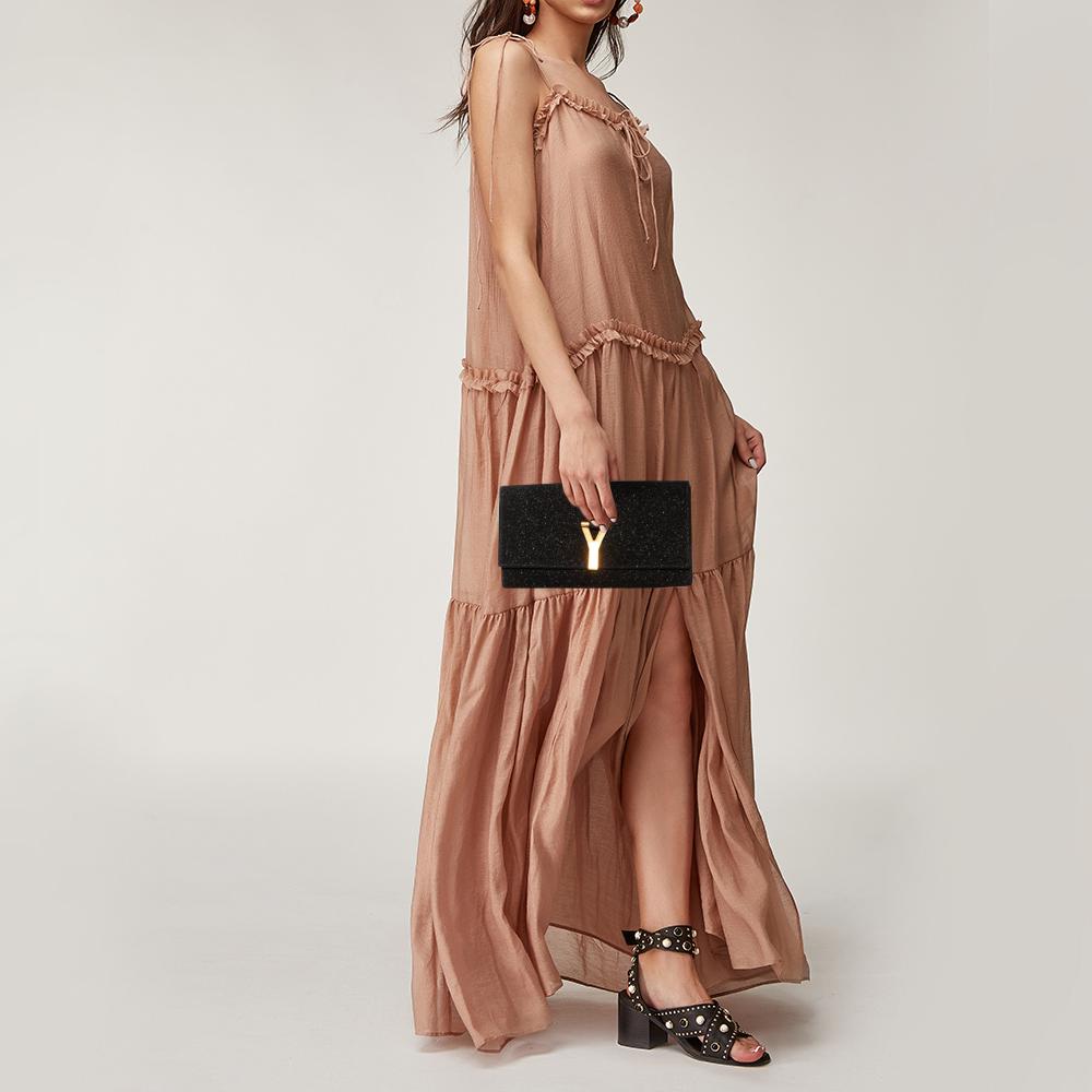 Yves Saint Laurent Yves Saint Laurent Y-Ligne Clutch aus schwarzem schimmerndem Glitter und Wildleder (Schwarz)