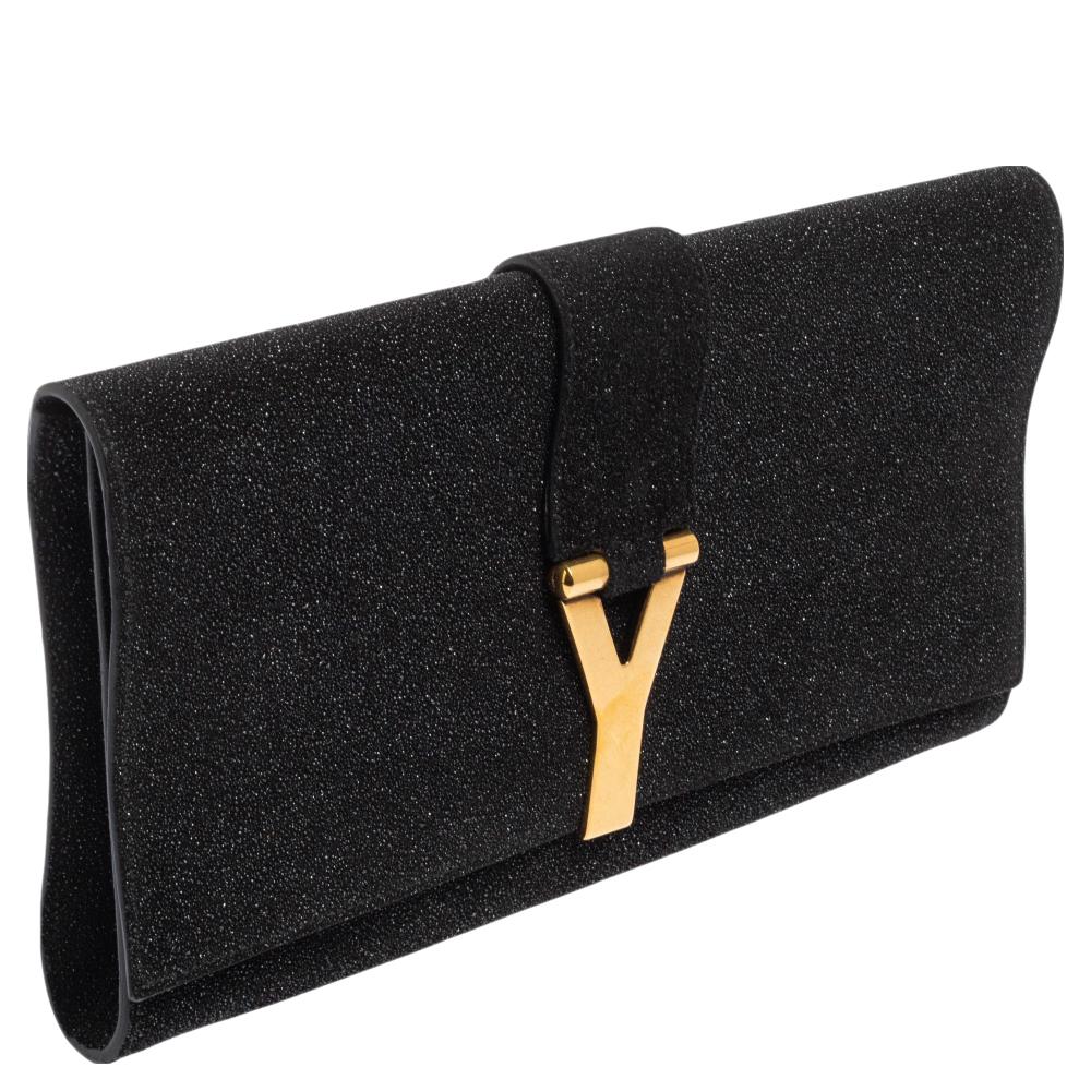 Yves Saint Laurent Black Shimmer Glitter And Suede Y-Ligne Clutch In Good Condition In Dubai, Al Qouz 2