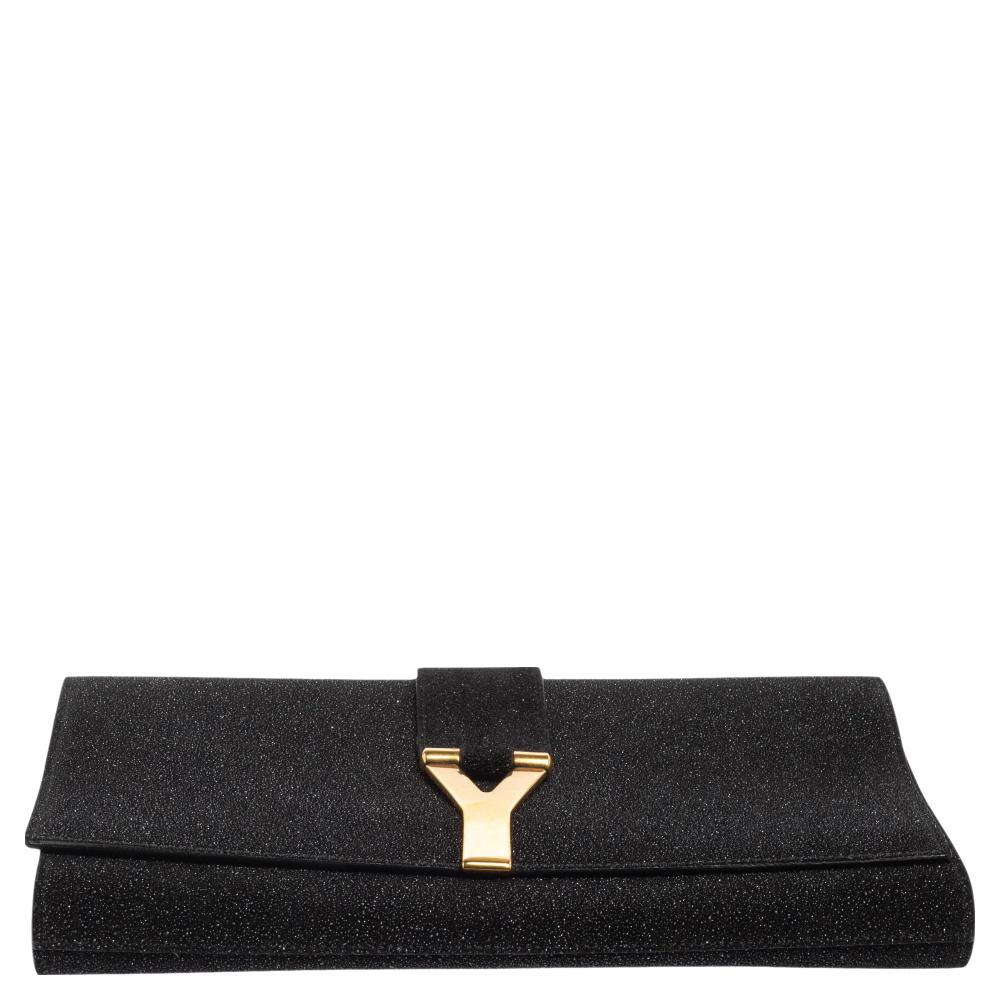 Women's Yves Saint Laurent Black Shimmer Glitter And Suede Y-Ligne Clutch