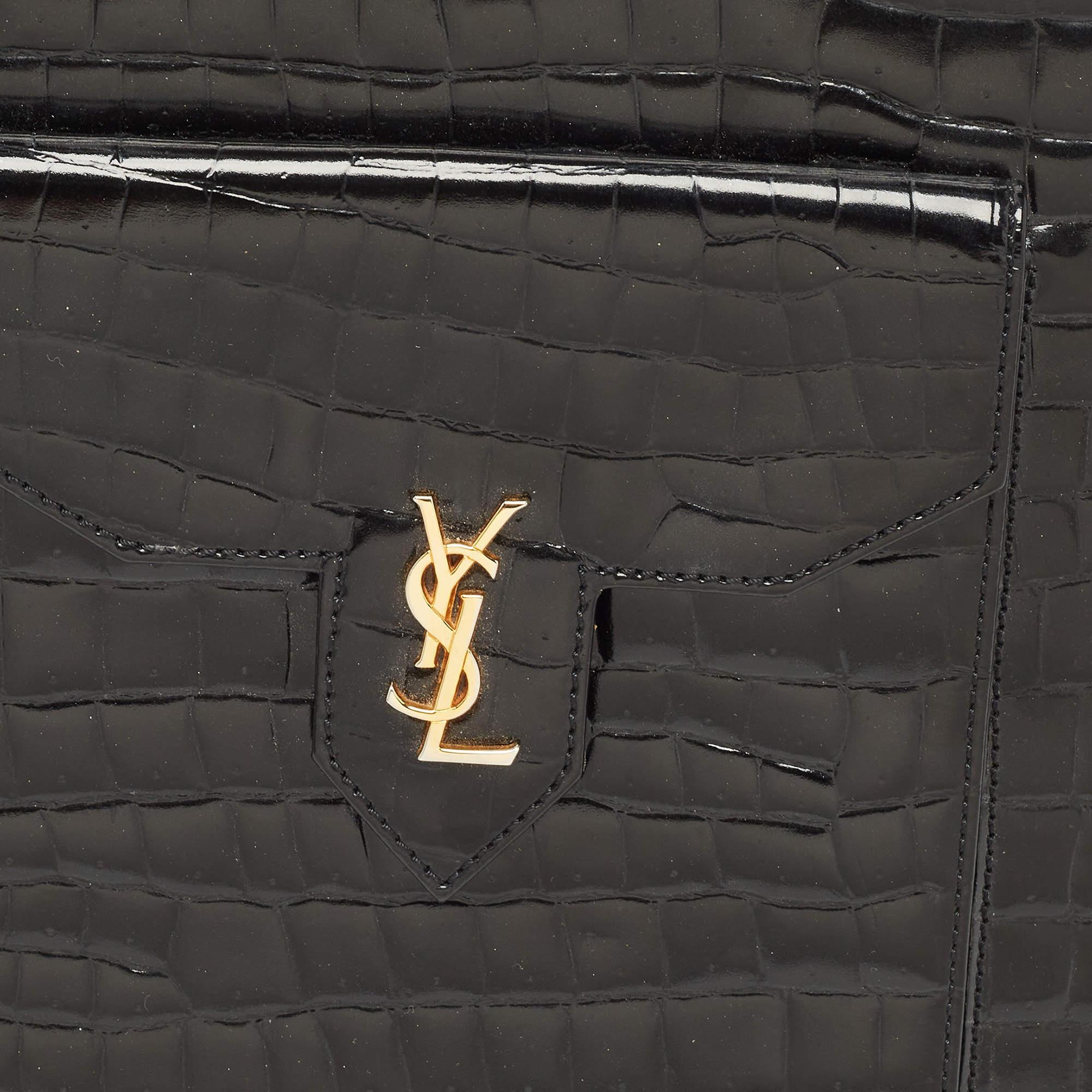 Yves Saint Laurent Black Shine Croc Embossed Leather Tote 9