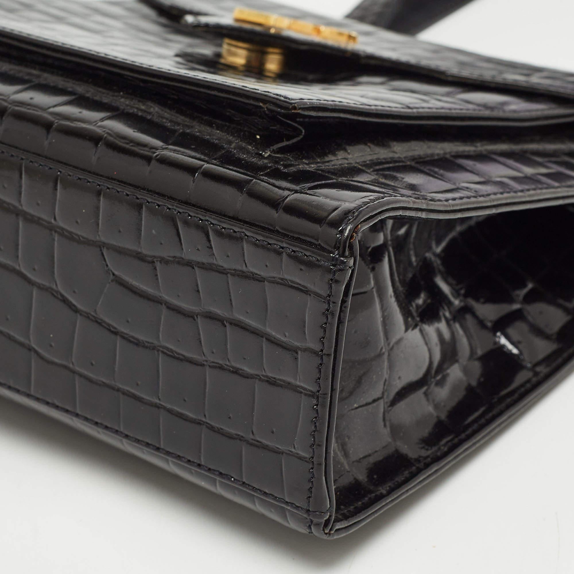 Yves Saint Laurent Black Shine Croc Embossed Leather Tote In Excellent Condition In Dubai, Al Qouz 2