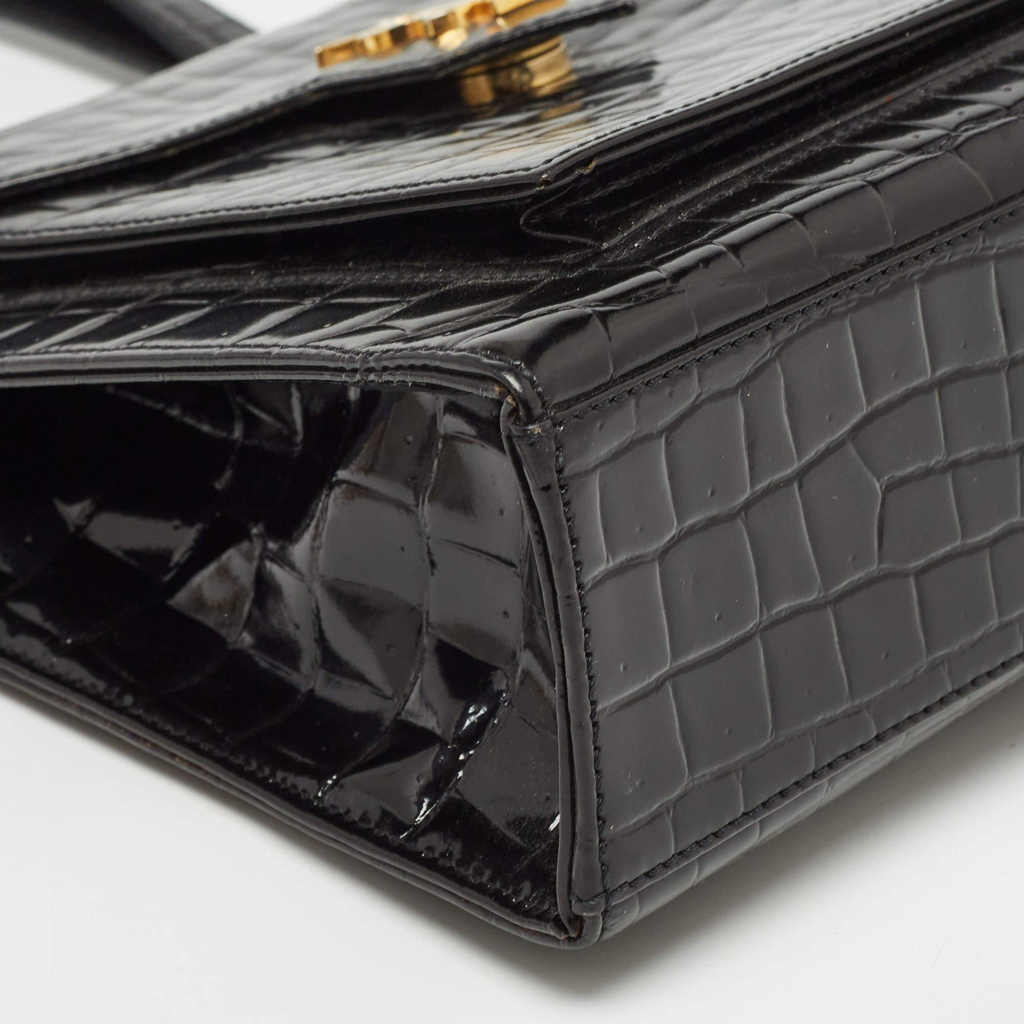 Women's Yves Saint Laurent Black Shine Croc Embossed Leather Tote