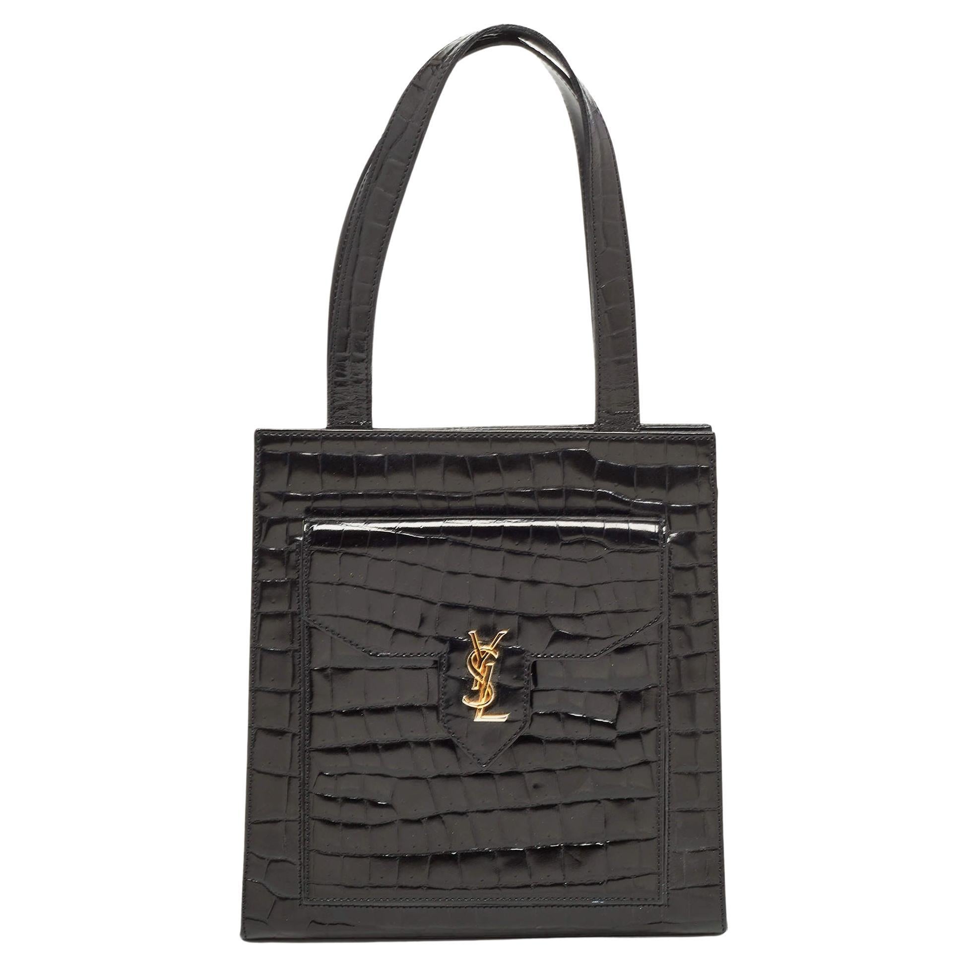 Yves Saint Laurent Black Shine Croc Embossed Leather Tote