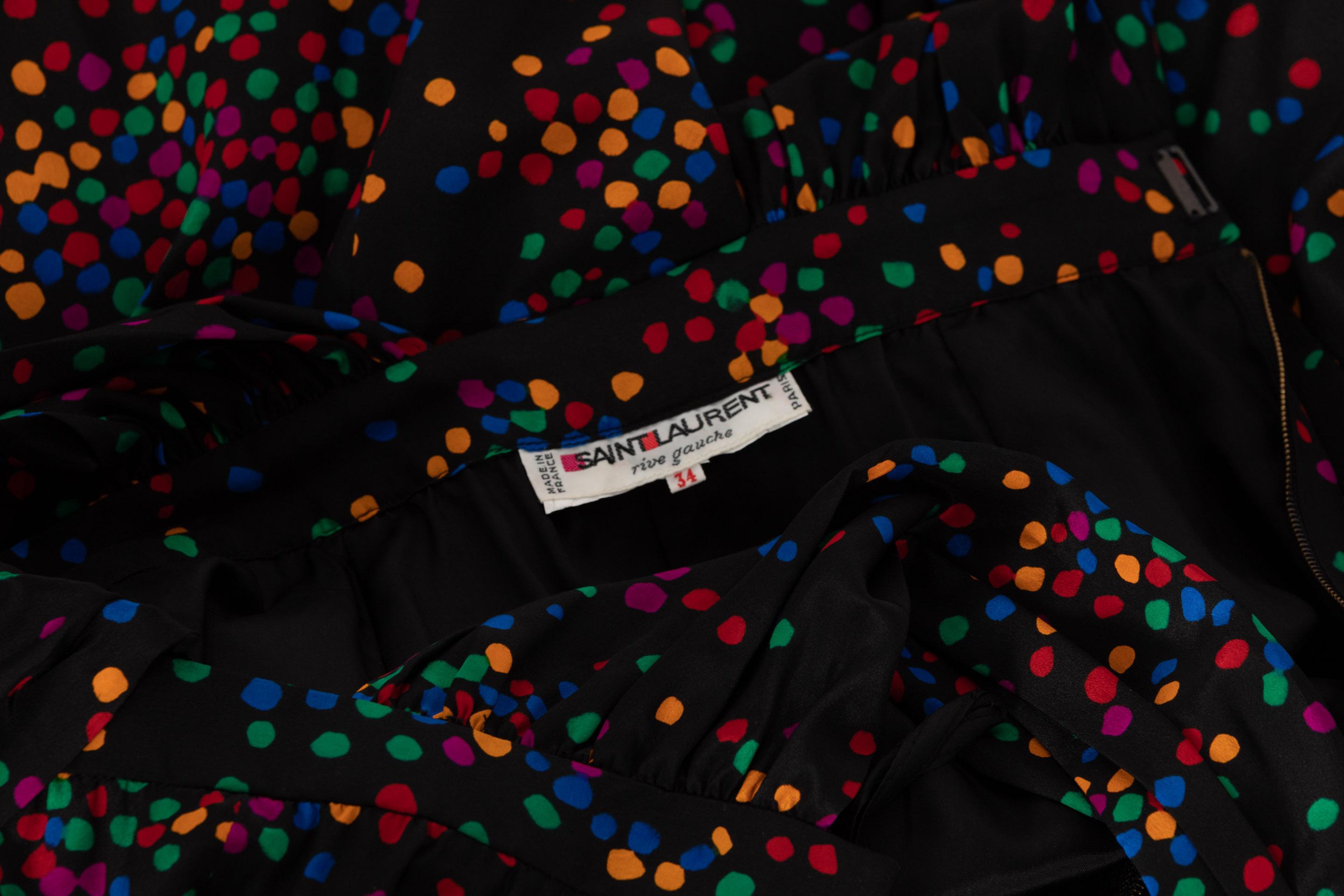 Yves Saint Laurent Black Silk Confetti Dots Plunge Maxi Dress YSL, 1984 4