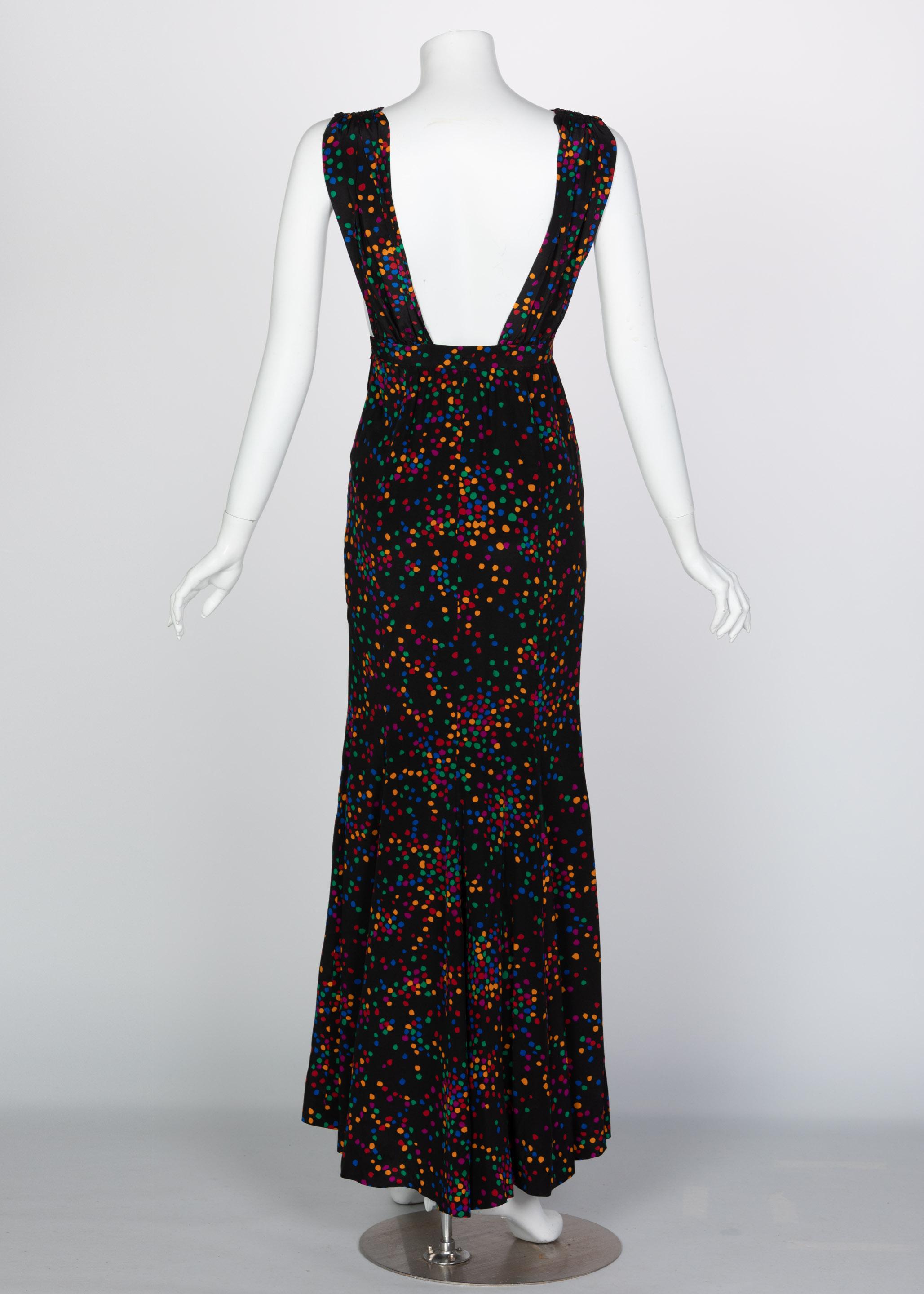 Yves Saint Laurent Black Silk Confetti Dots Plunge Maxi Dress YSL, 1984 In Excellent Condition In Boca Raton, FL