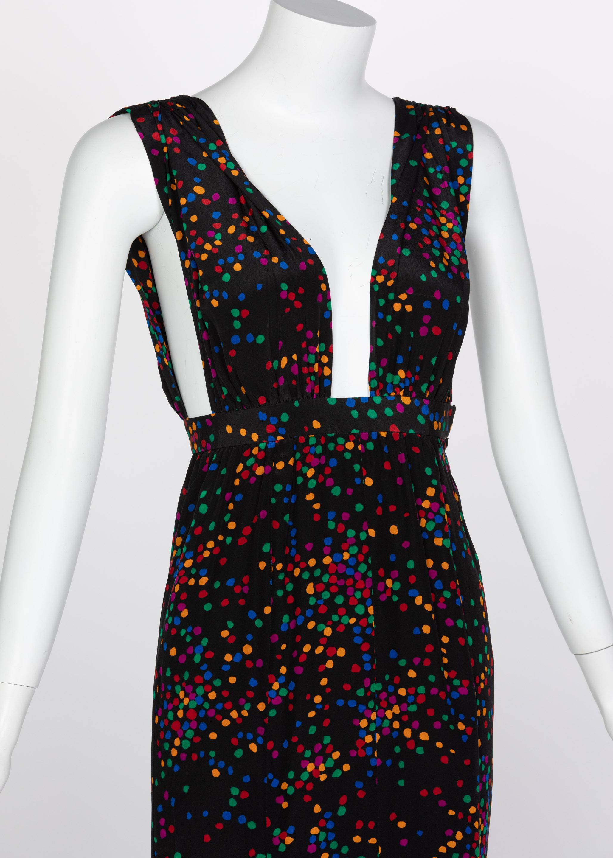 Women's Yves Saint Laurent Black Silk Confetti Dots Plunge Maxi Dress YSL, 1984