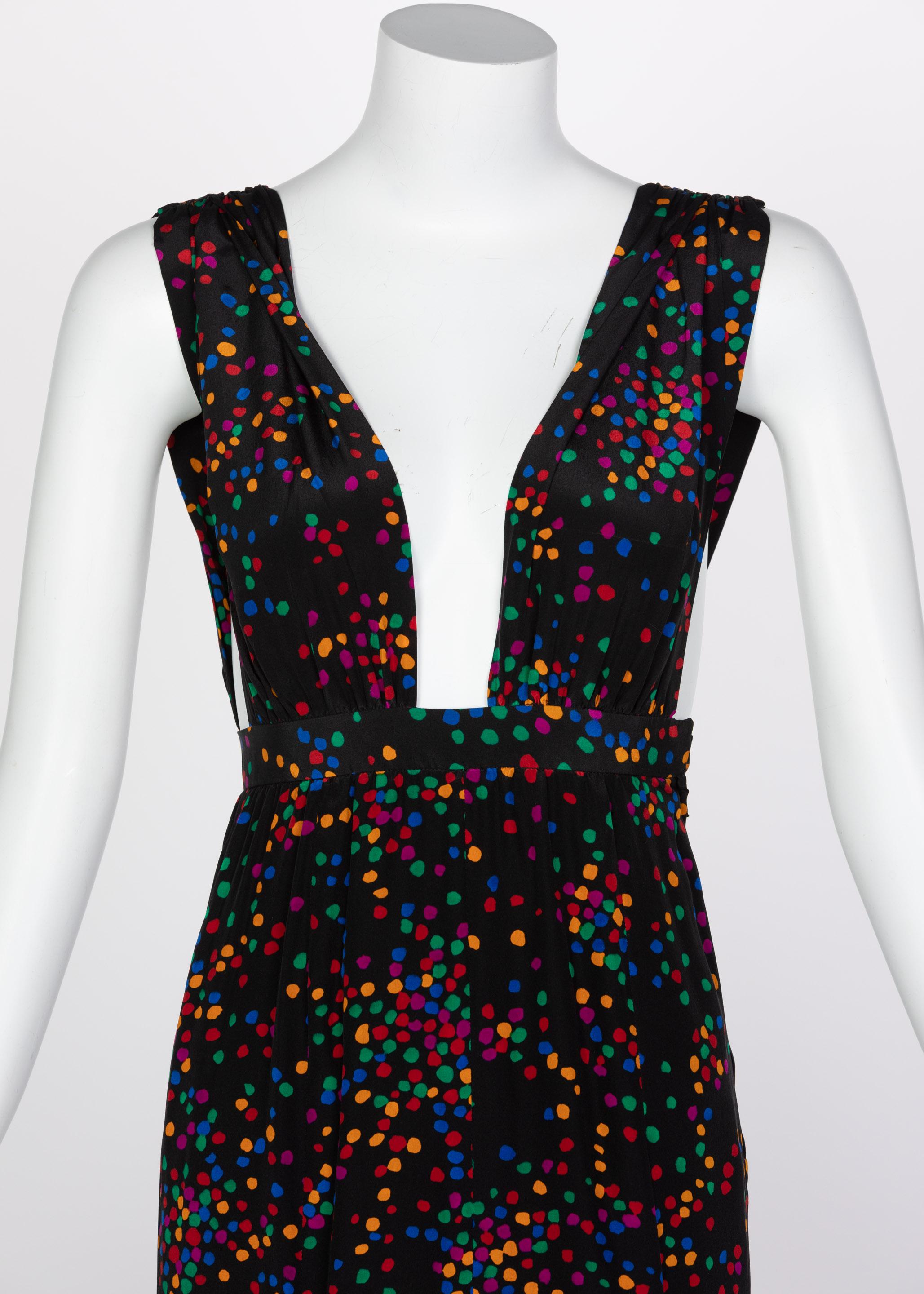 Yves Saint Laurent Black Silk Confetti Dots Plunge Maxi Dress YSL, 1984 1