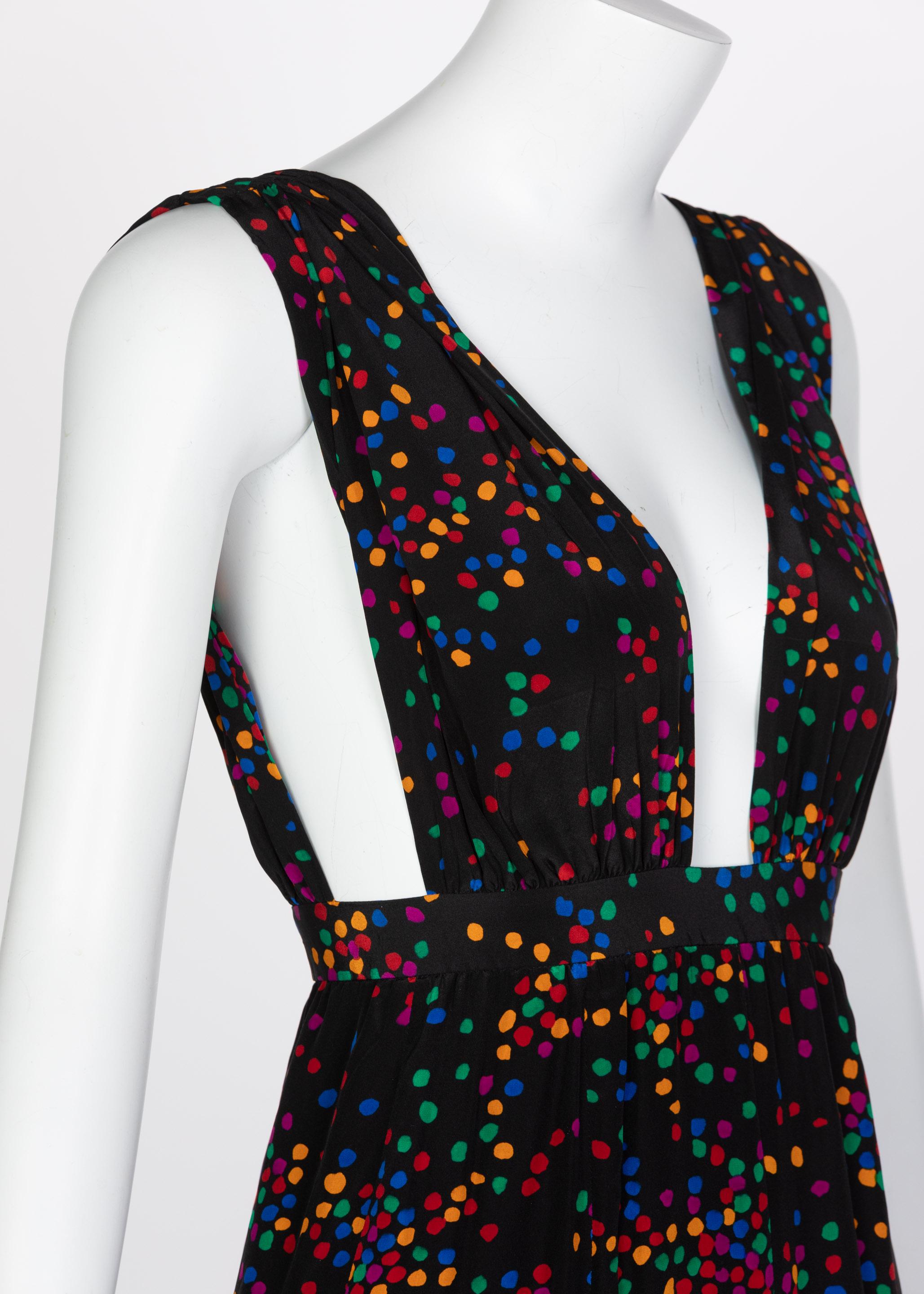 Yves Saint Laurent Black Silk Confetti Dots Plunge Maxi Dress YSL, 1984 2