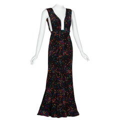 Vintage Yves Saint Laurent Black Silk Confetti Dots Plunge Maxi Dress YSL, 1984