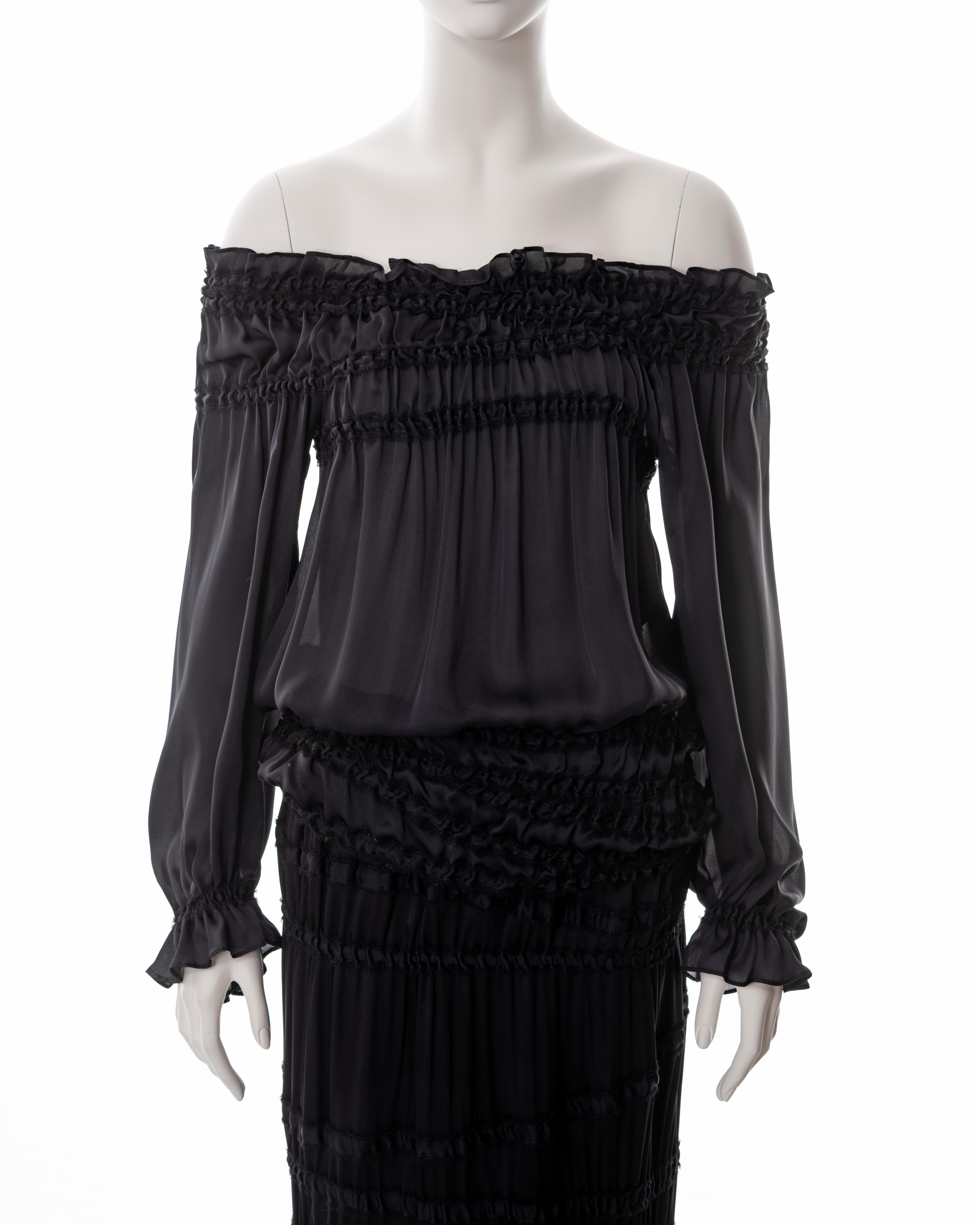 Women's Yves Saint Laurent black silk off-shoulder blouse and maxi skirt set, fw 2001 For Sale