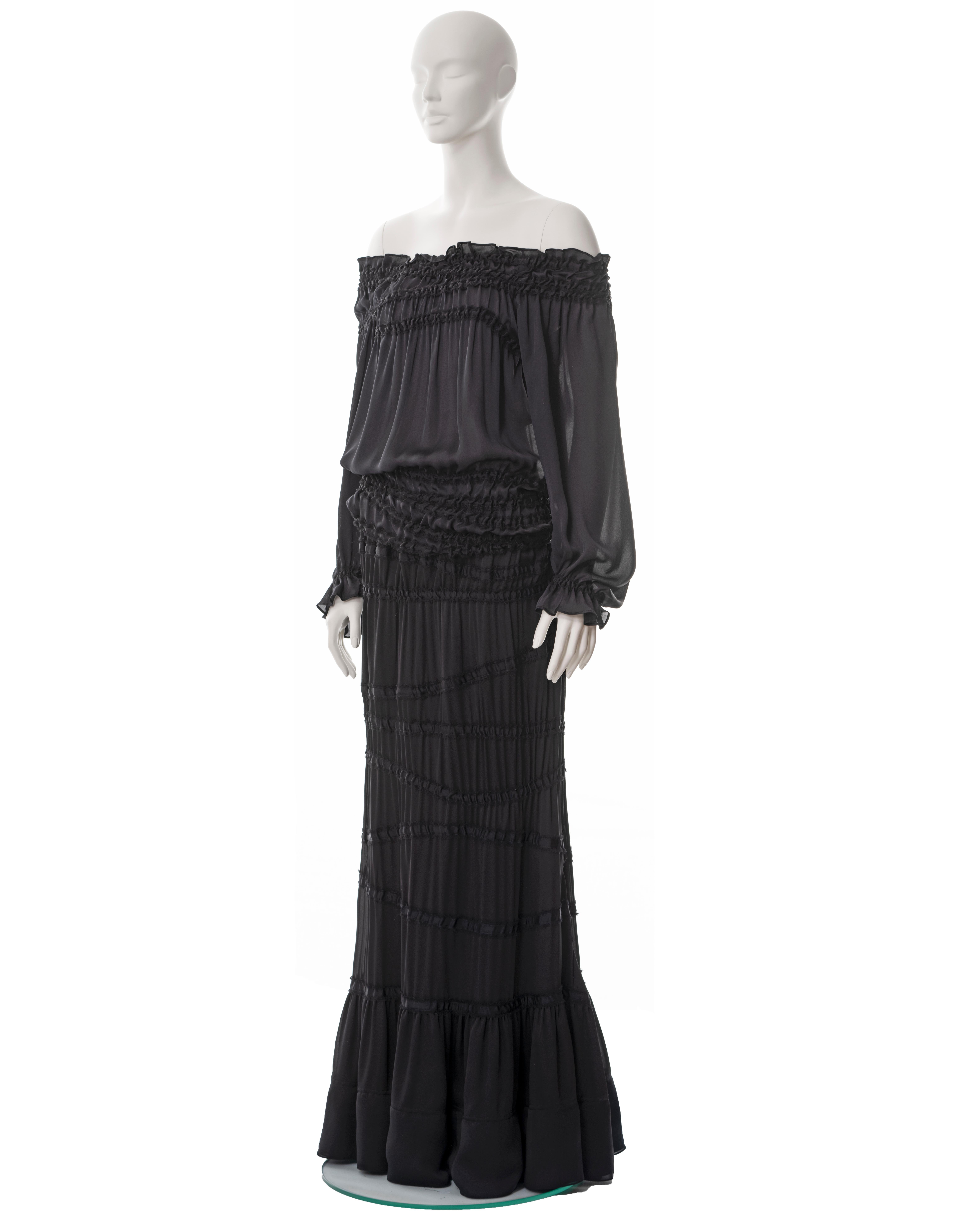 Yves Saint Laurent black silk off-shoulder blouse and maxi skirt set, fw 2001 For Sale 1