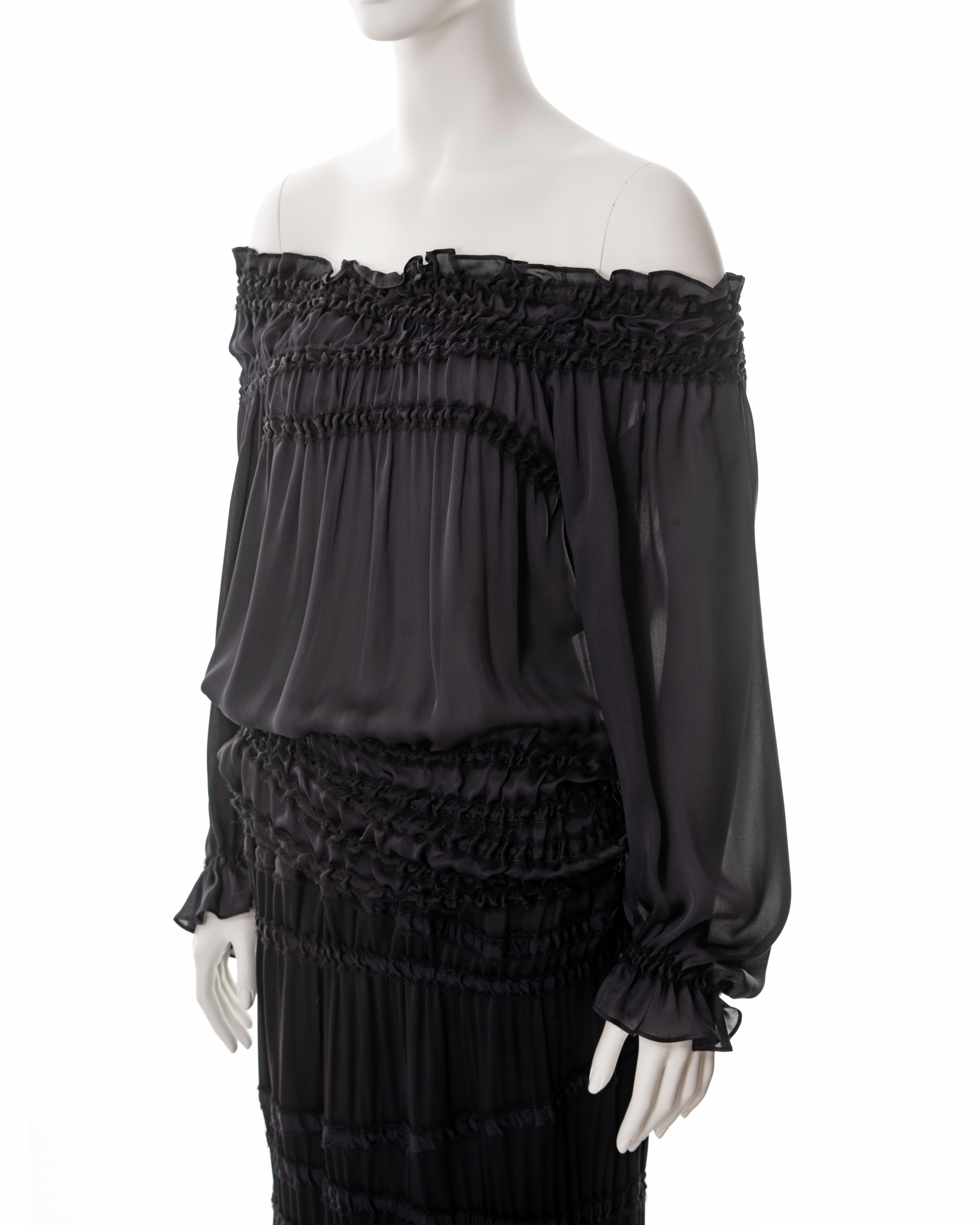 Yves Saint Laurent black silk off-shoulder blouse and maxi skirt set, fw 2001 For Sale 3
