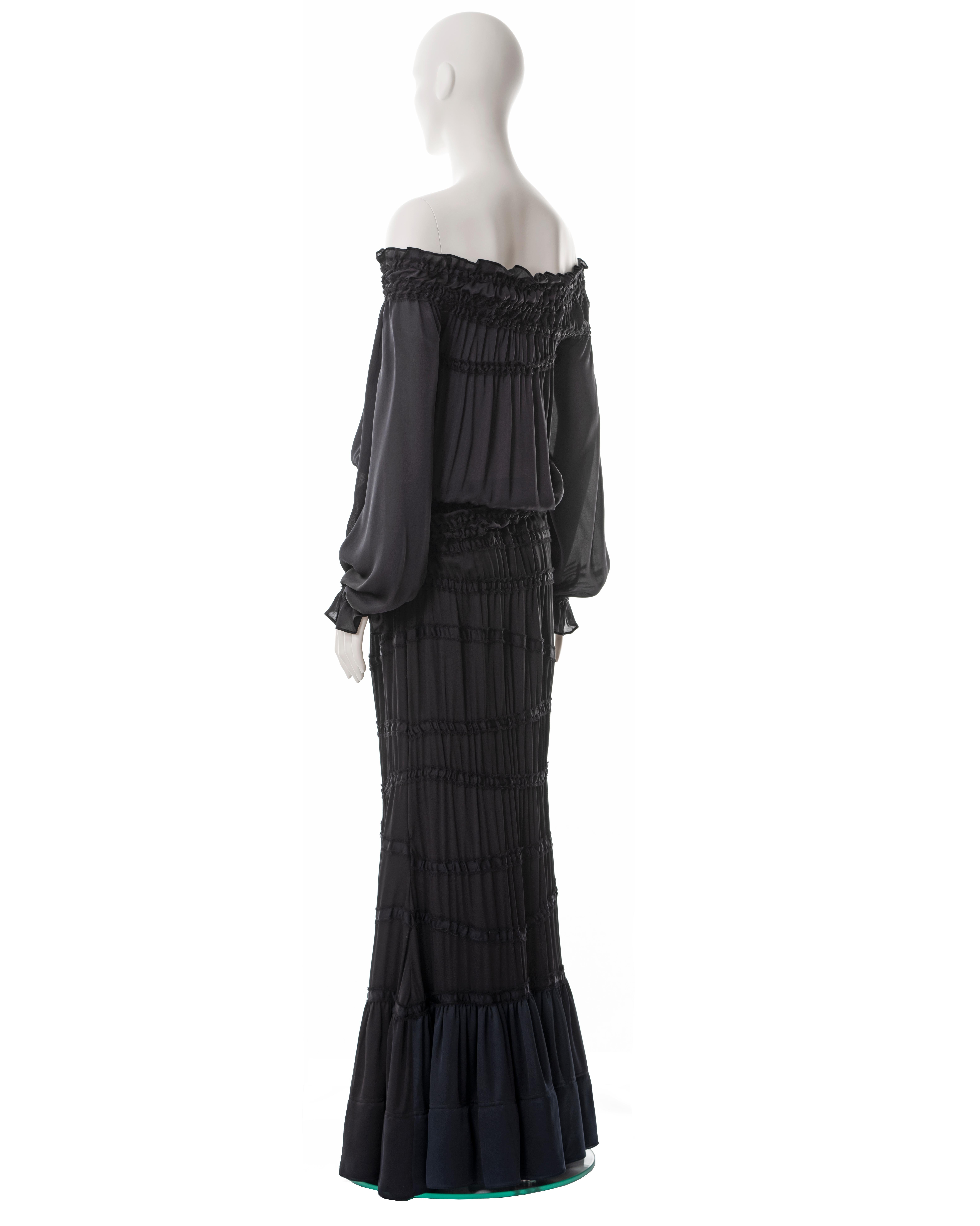 Yves Saint Laurent black silk off-shoulder blouse and maxi skirt set, fw 2001 For Sale 3
