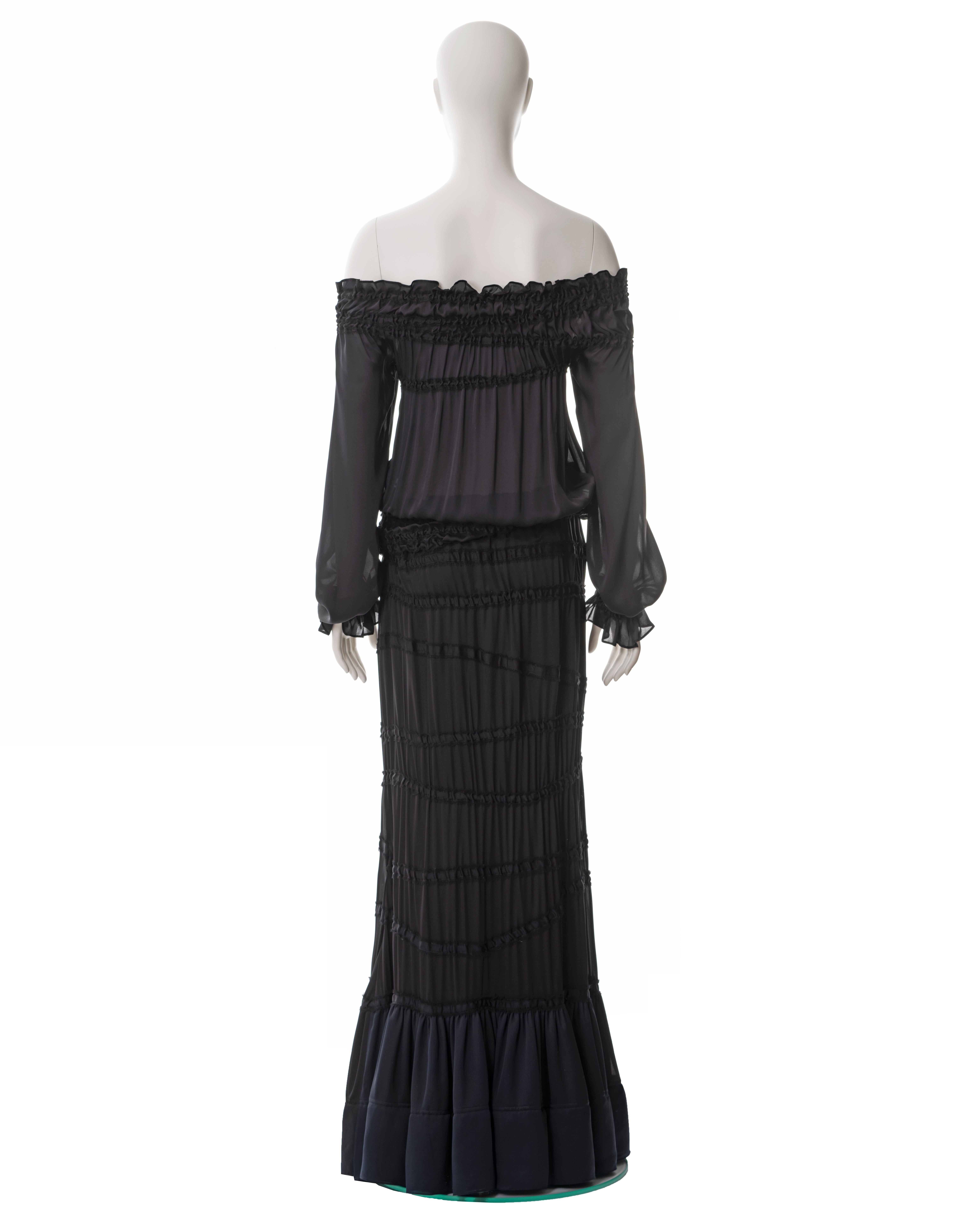 Yves Saint Laurent black silk off-shoulder blouse and maxi skirt set, fw 2001 For Sale 4